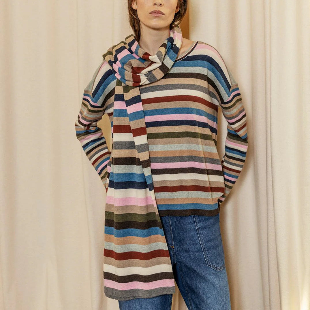 Person wearing a colorful striped sweater and blue jeans against a plain background