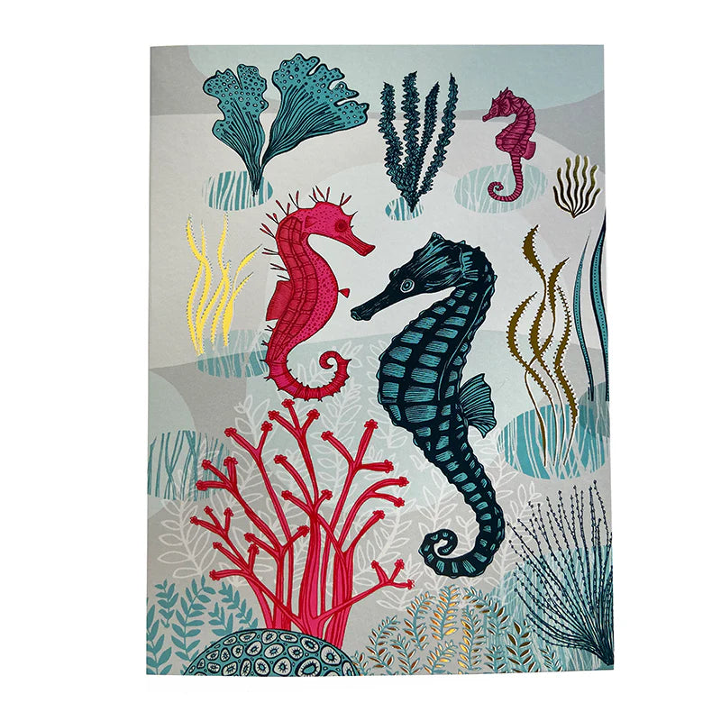 Decorative panel with colorful seahorses and underwater plants on a light gray background