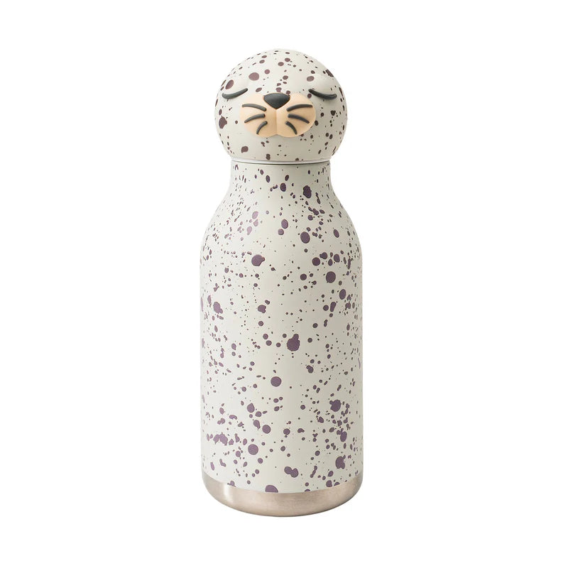 Speckled water bottle with a cat design on a white background