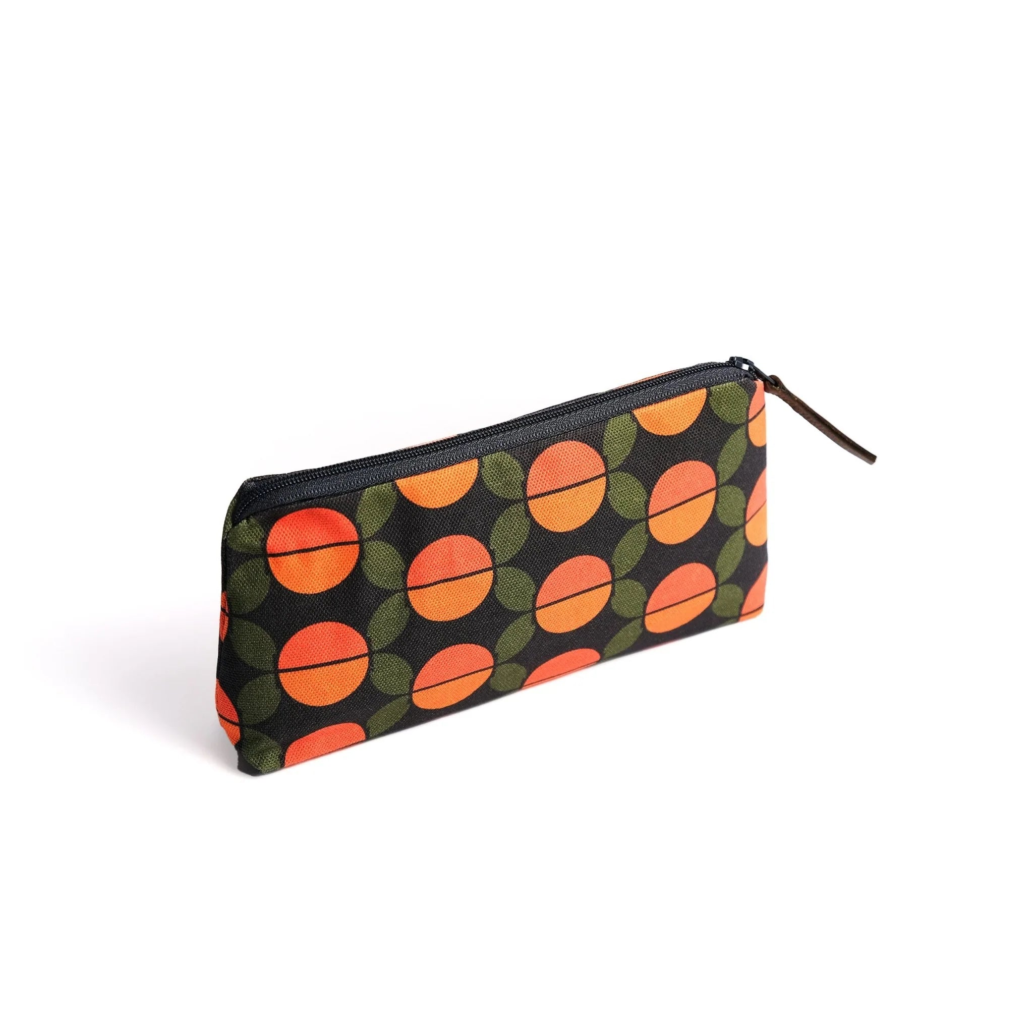 Pencil case with orange and green pattern on a white background