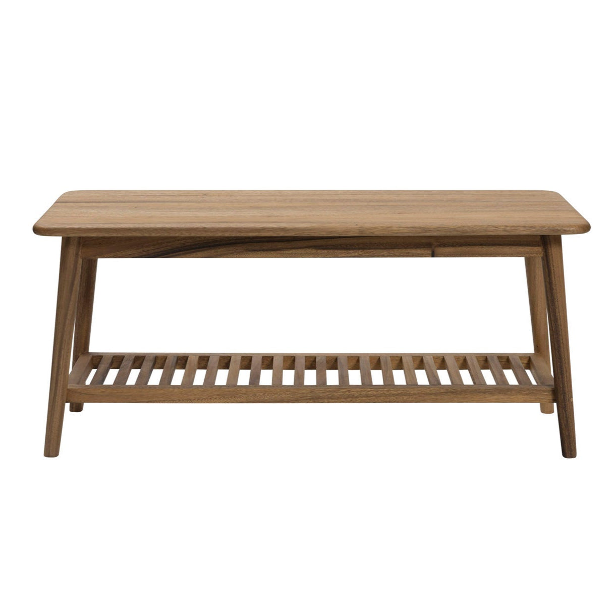 Mid-century modern style coffee table with a slatted lower shelf.  Made of light brown wood.