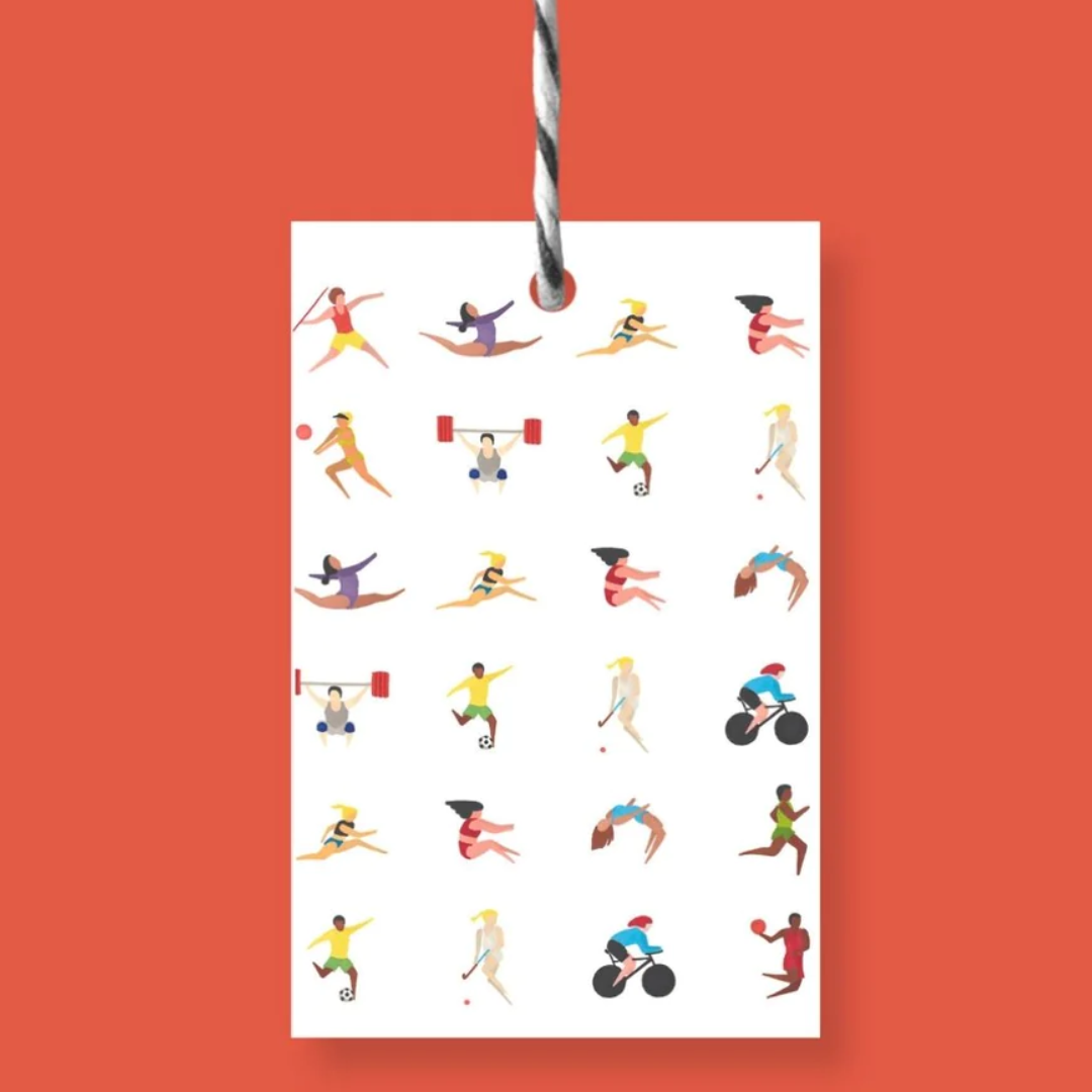 White tag featuring diverse athletes engaged in various sports, including gymnastics, weightlifting, soccer, and cycling.