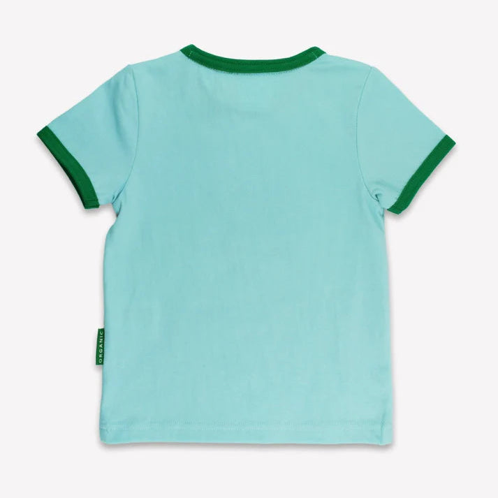 Light blue t-shirt with green trim on a white background