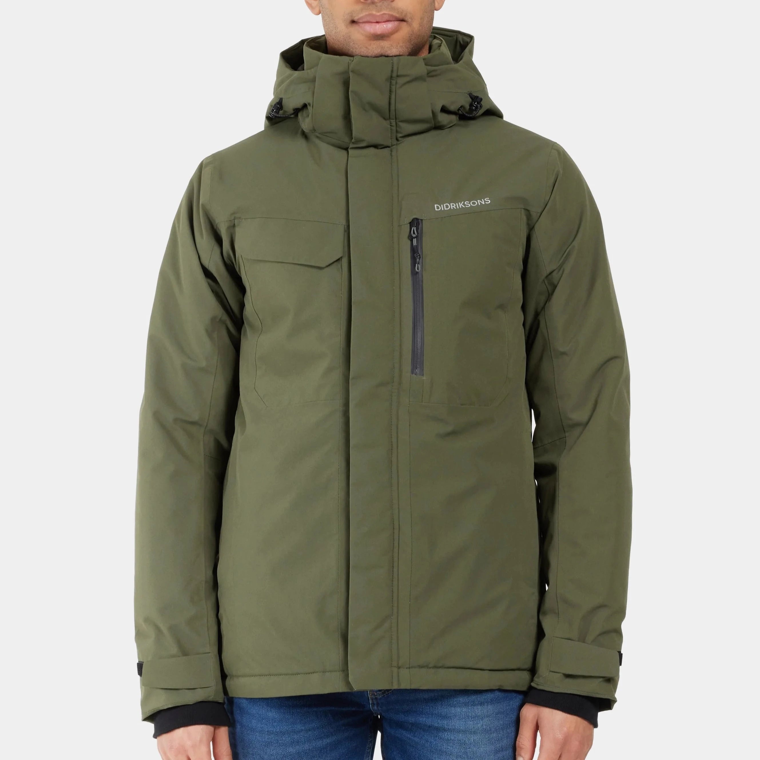 Olive green Didriksons hooded jacket with zipper and pockets.