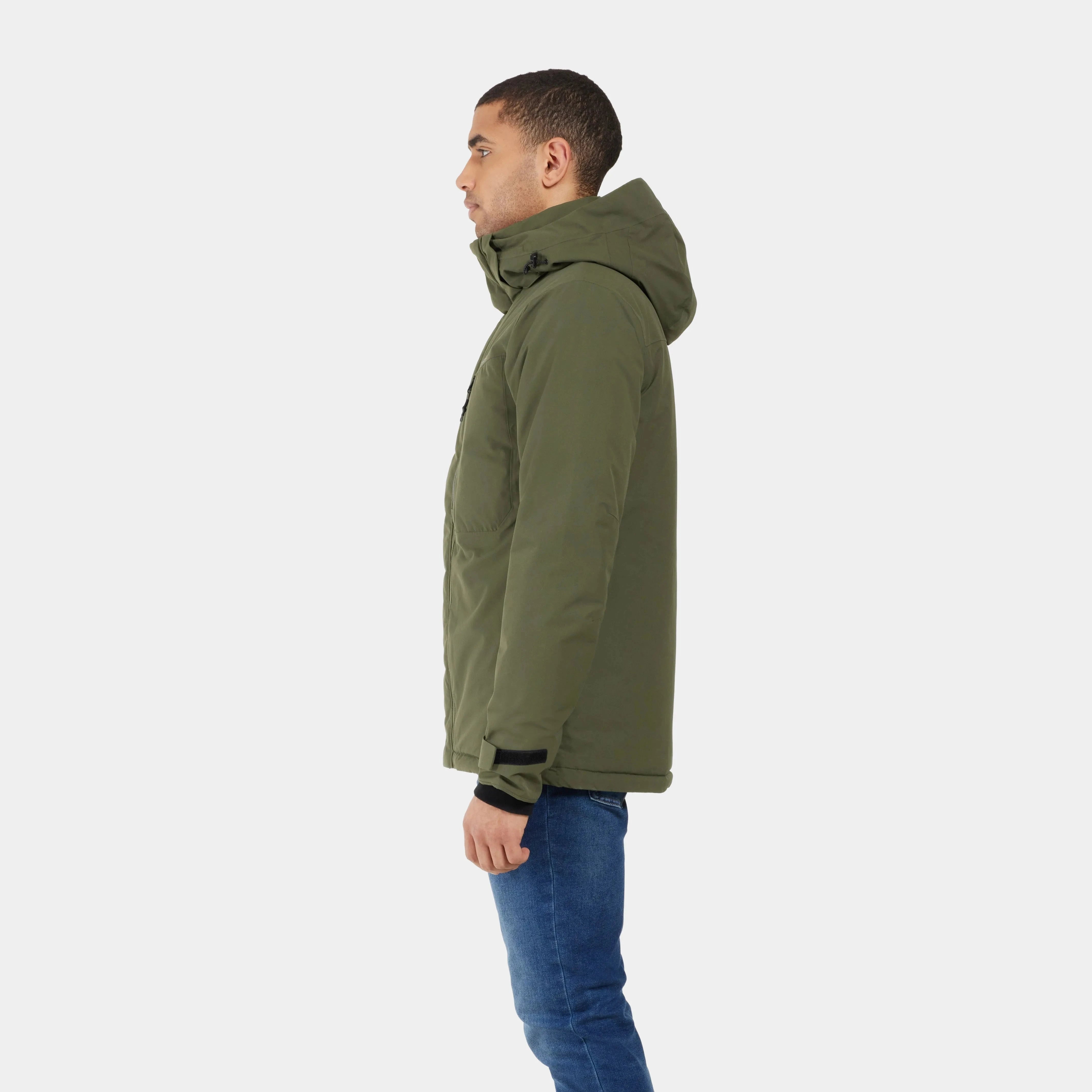 Olive green hooded jacket with zipper closure and adjustable cuffs.  Side profile view.