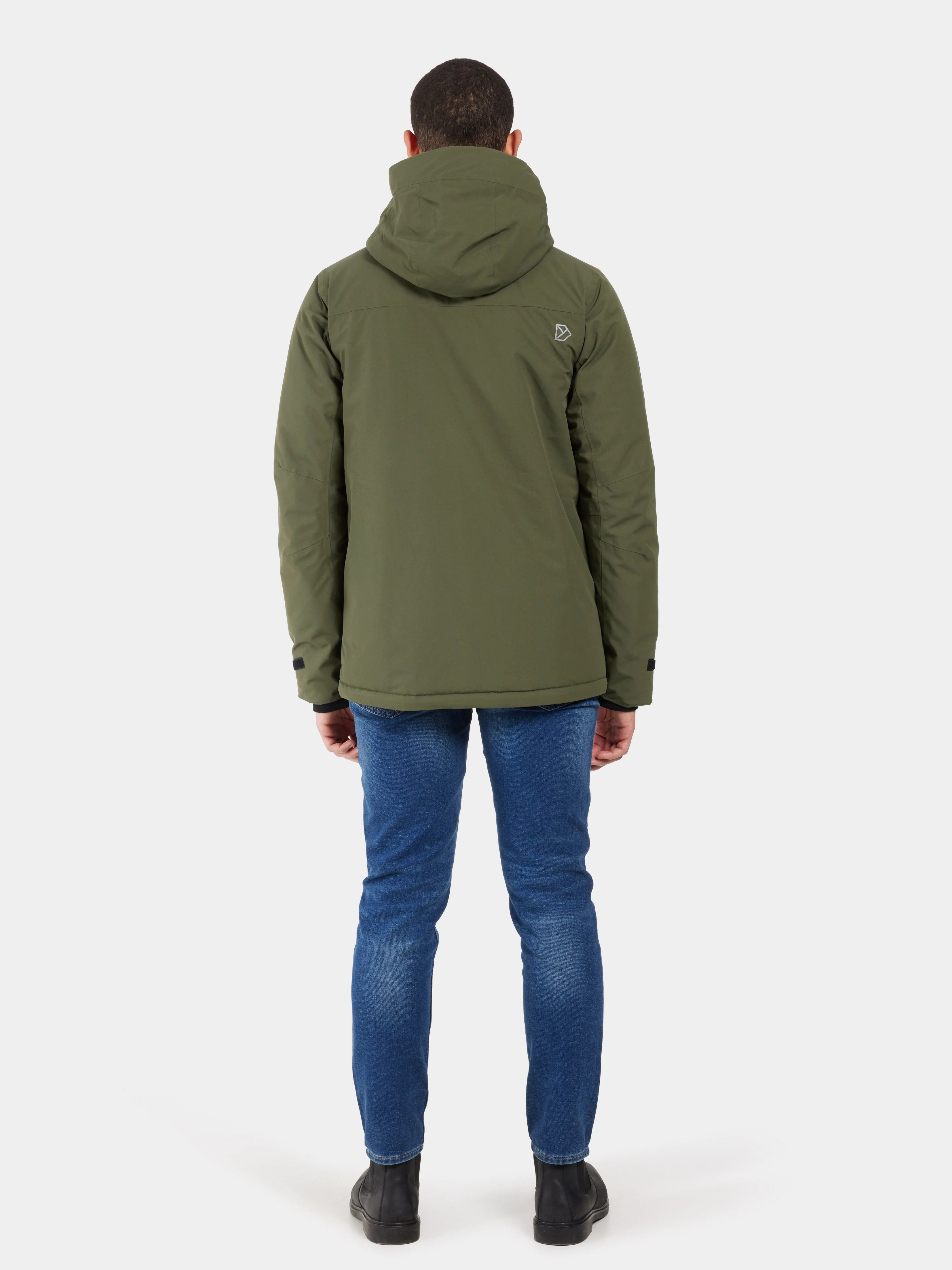 Olive green hooded jacket with a small logo on the back.  The jacket is shown from the rear view on a model.