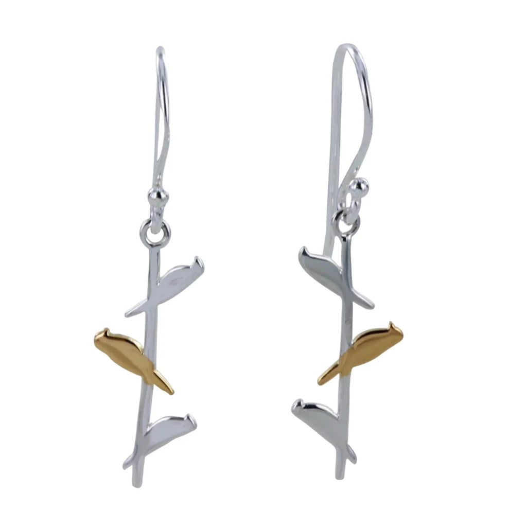 Silver and gold bird earrings; stylized birds perched on a slender branch design.