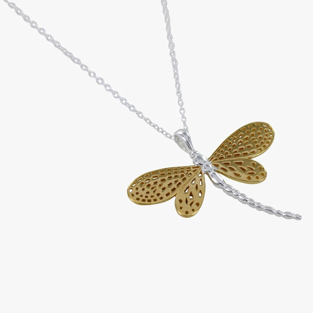 Gold and silver dragonfly pendant necklace with a delicate, patterned design.