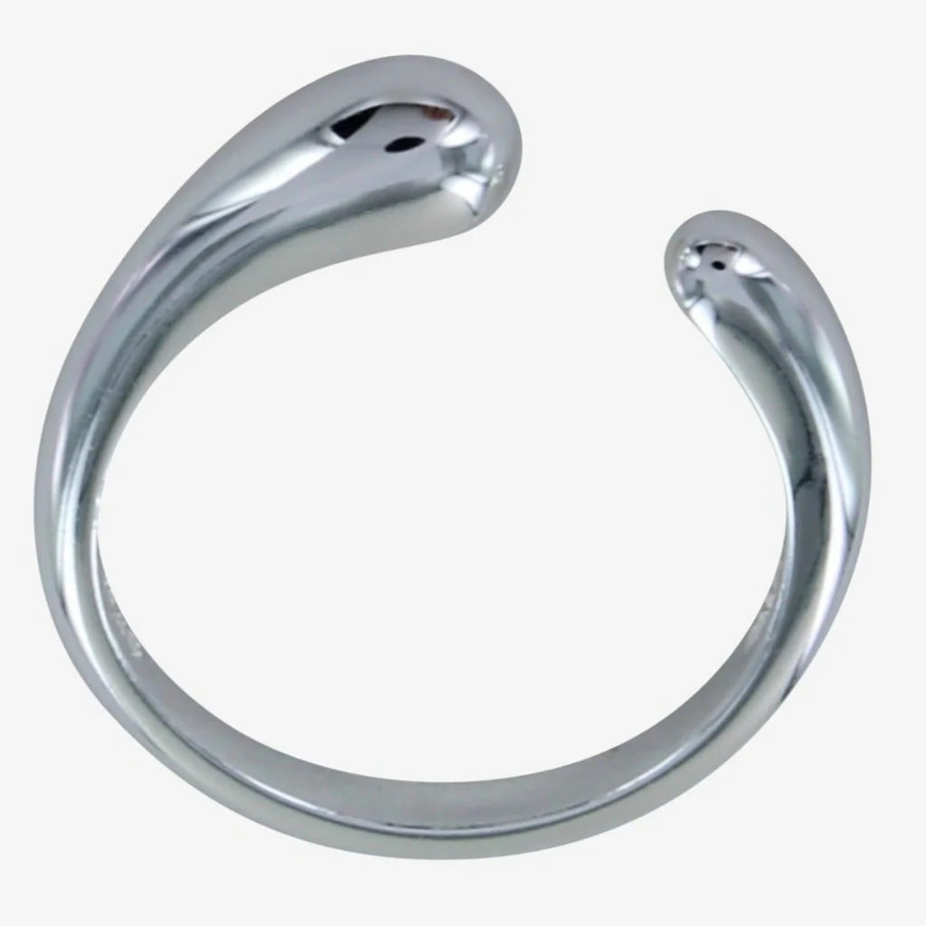 Silver teardrop-shaped ring with a smooth, polished finish.