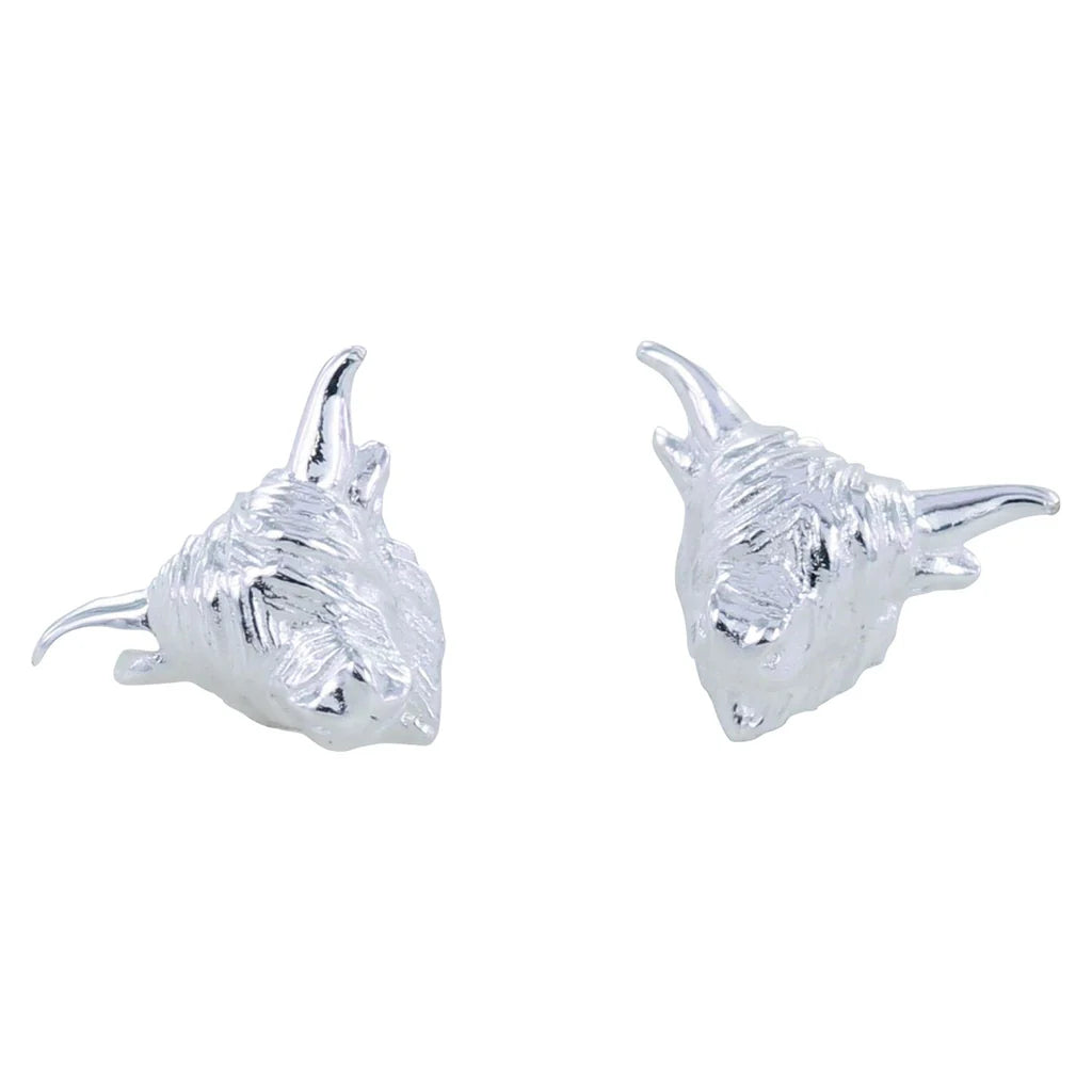 Pair of silver Highland cow head stud earrings.  Detailed textured design with prominent horns.