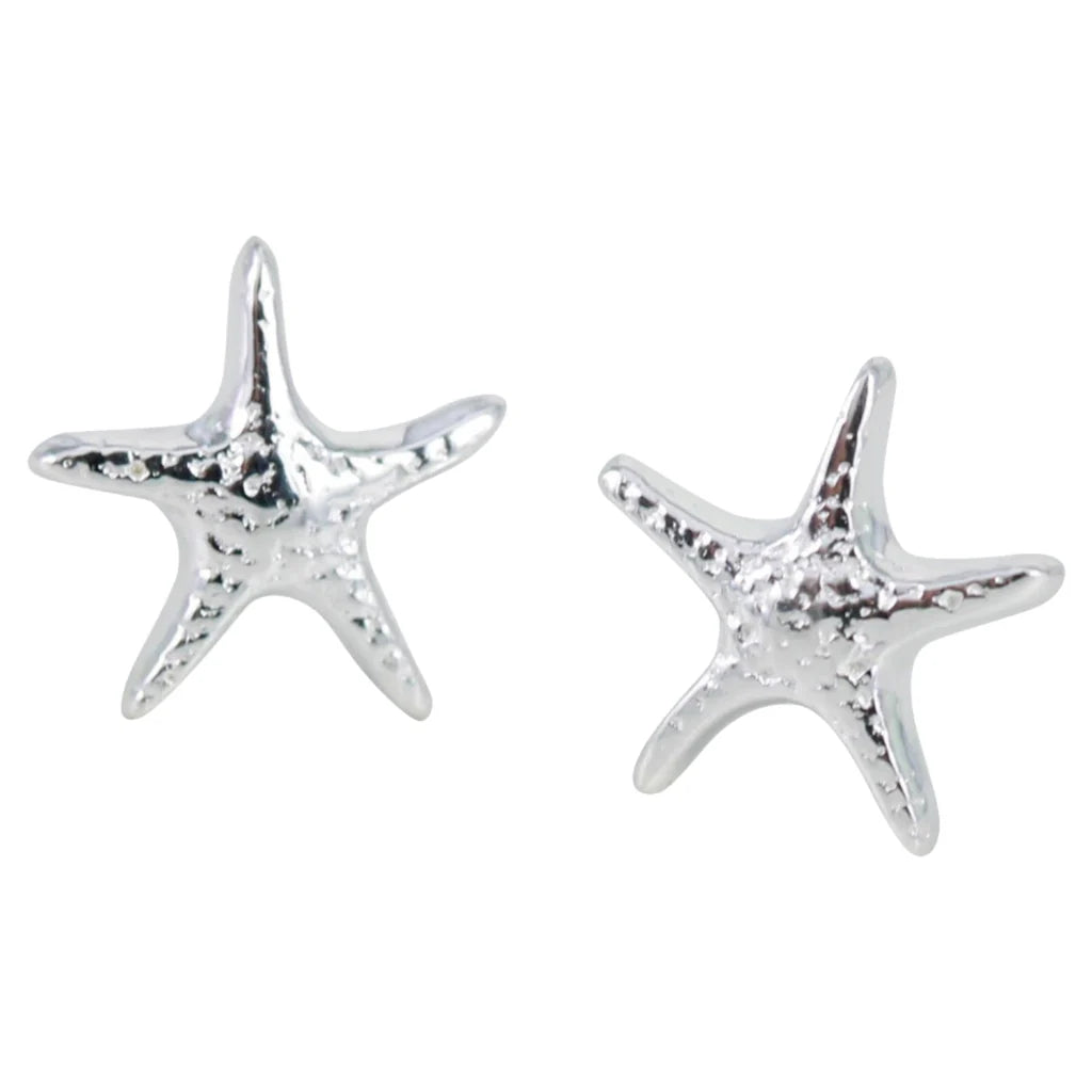 Pair of silver starfish stud earrings with textured surface.