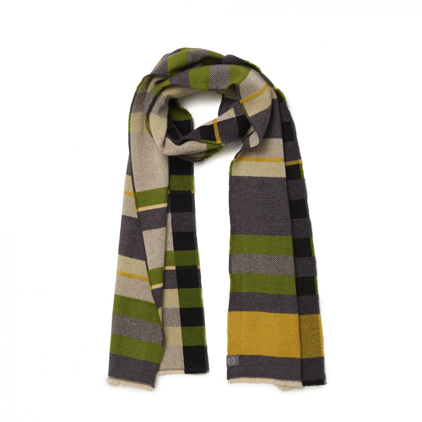 Plaid scarf with green, gray, beige, and yellow stripes on a white background