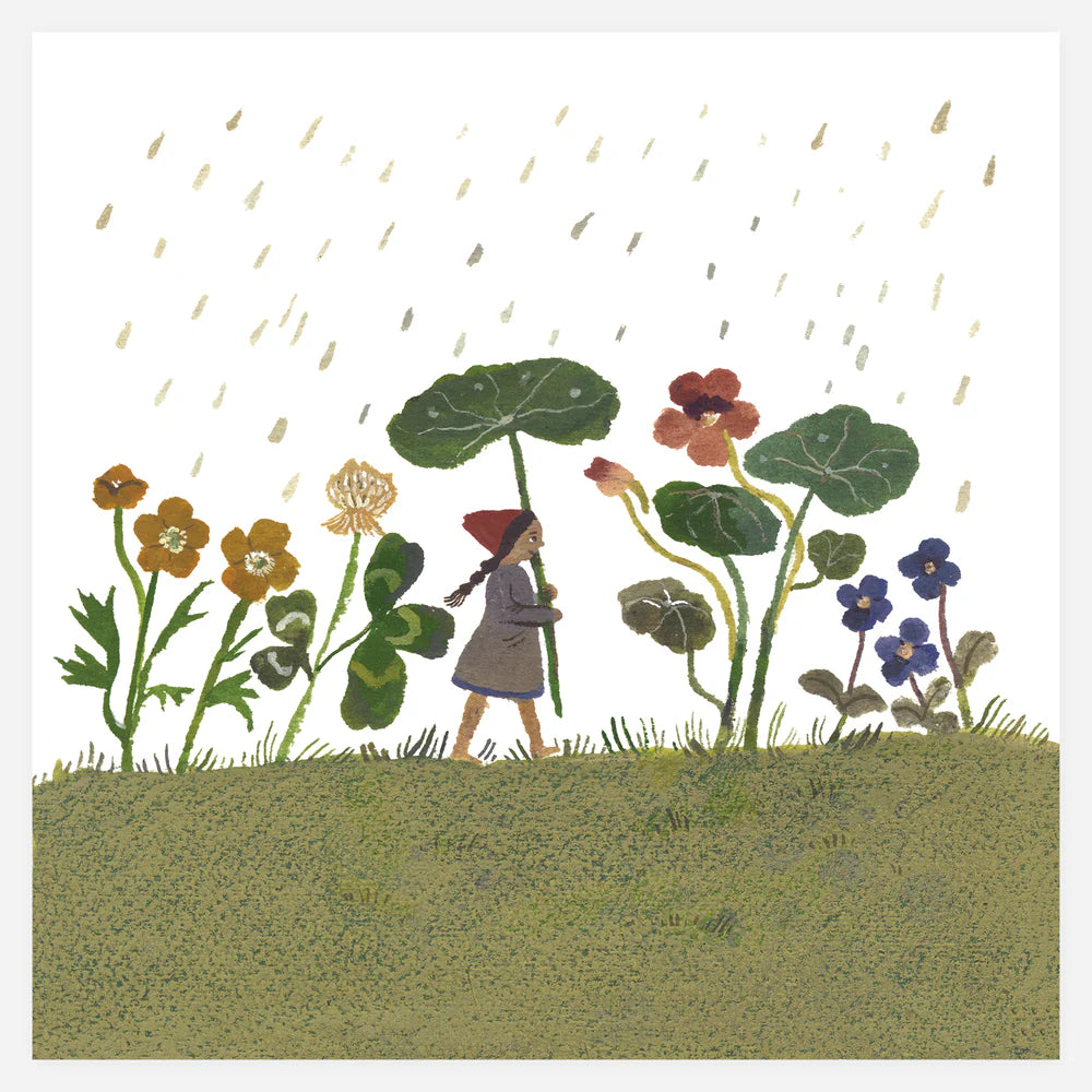 Illustration of a person with a red hat standing in a garden with flowers and raindrops.