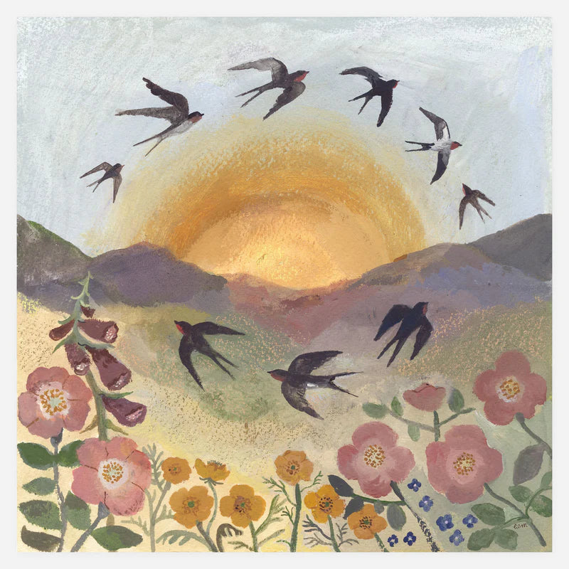 Artistic depiction of birds flying over a landscape with flowers and a sun.