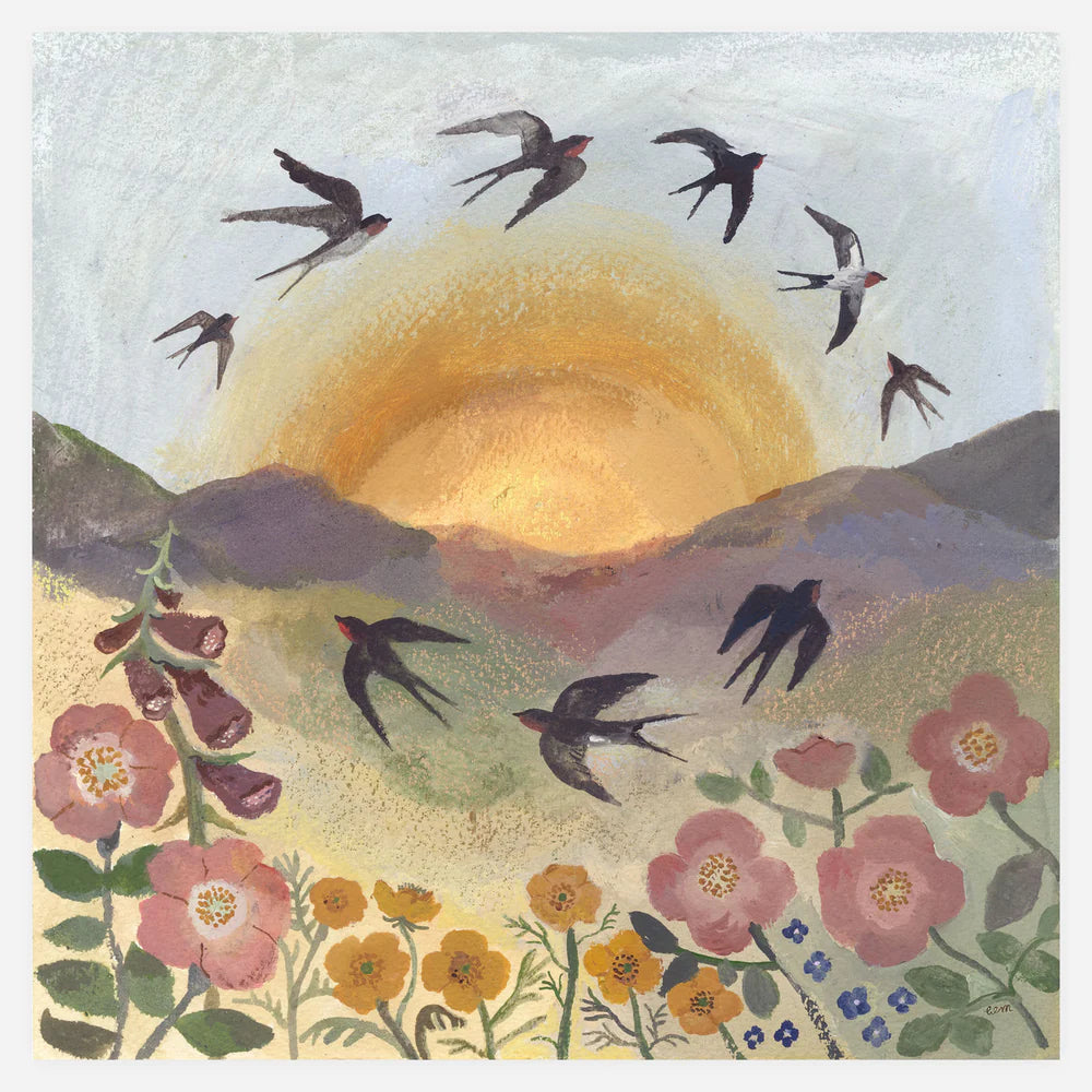 Artistic depiction of birds flying over a landscape with flowers and a sun.