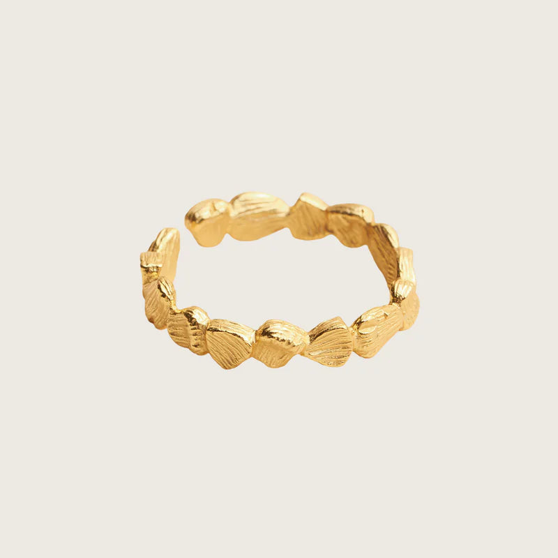 Gold ring with textured design on a beige background