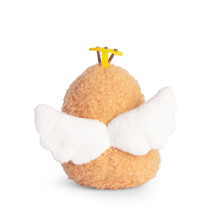 Plush toy resembling a donut with wings and a yellow antler on a white background