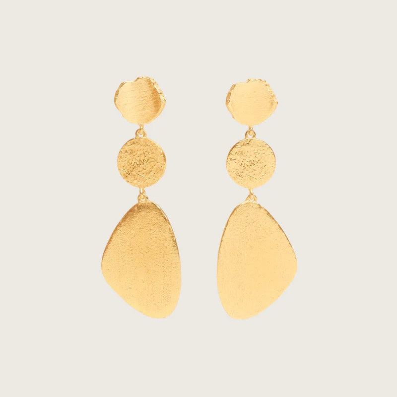 Gold earrings with textured design on a light gray background
