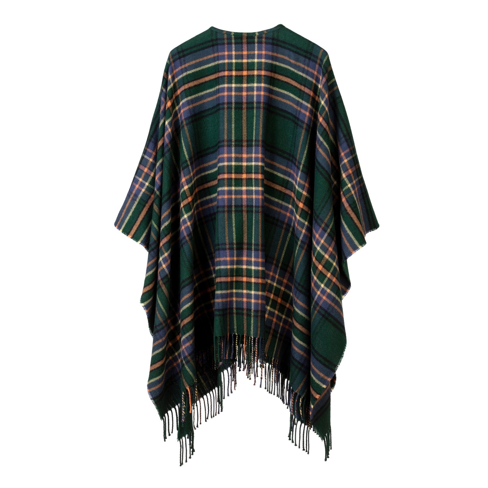 Plaid poncho with fringes on a white background