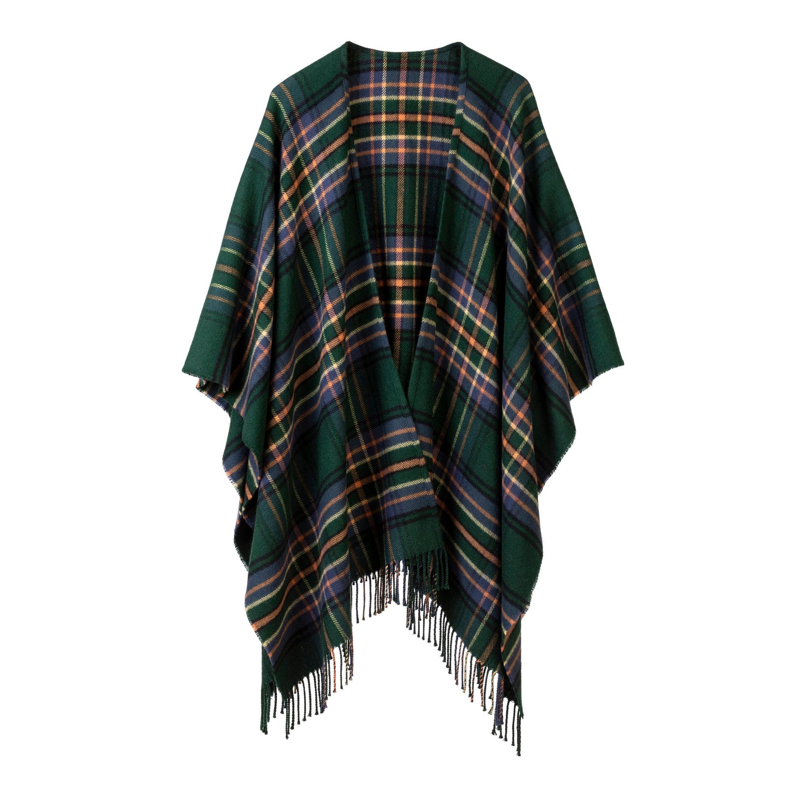 Green plaid poncho with fringe on a white background
