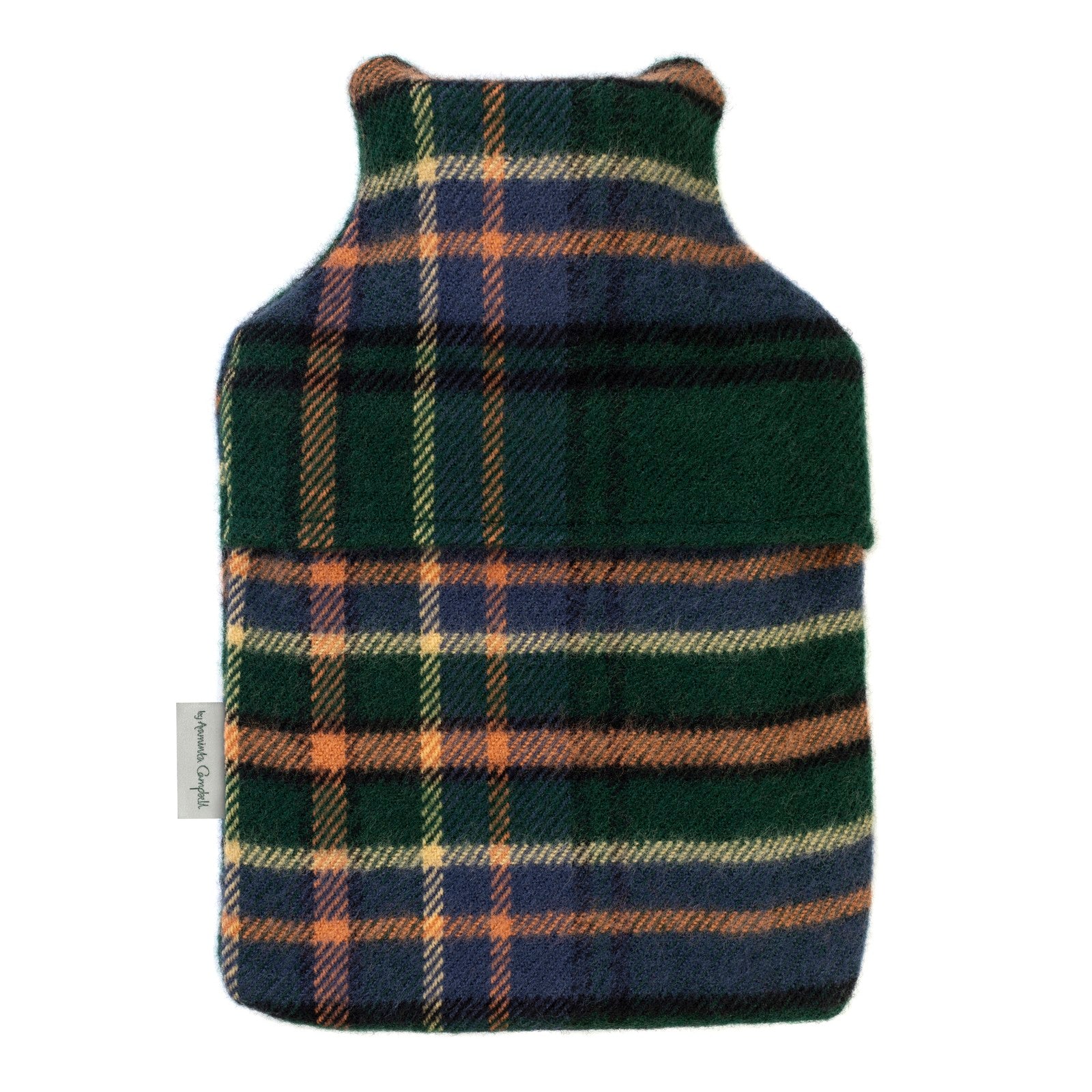 Plaid patterned hot water bottle cover on a white background
