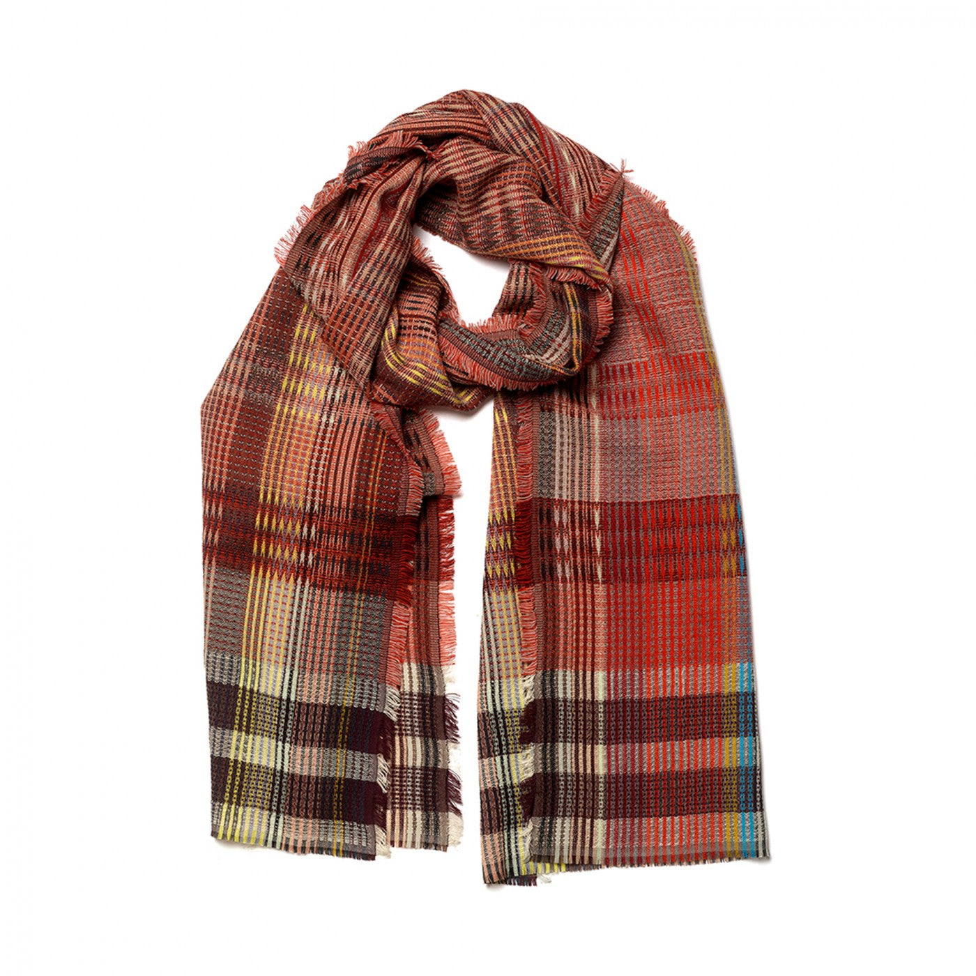 Plaid scarf with autumnal colors on a white background