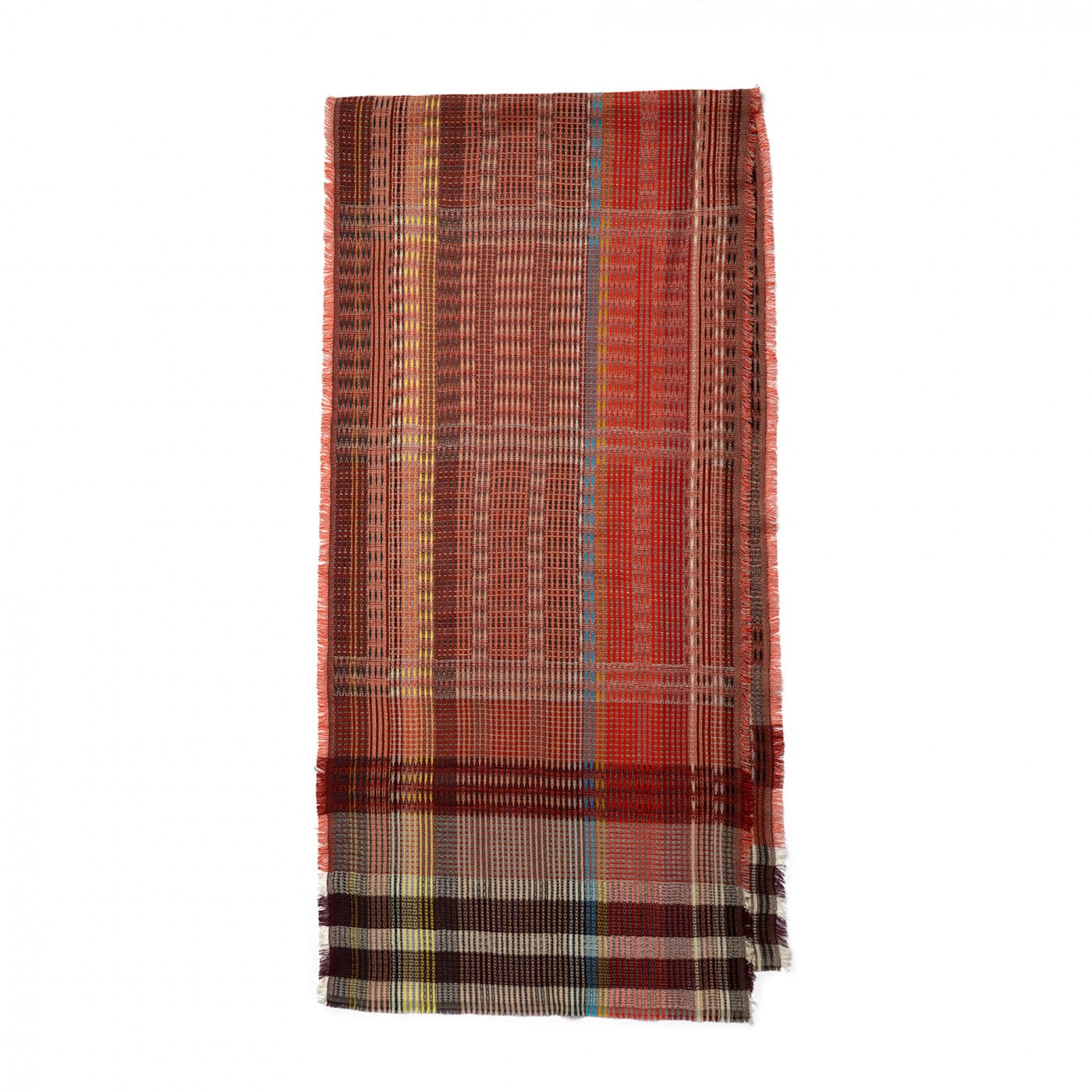 A folded plaid scarf in red, orange, brown, black, and beige tones, shown against a plain white background.
