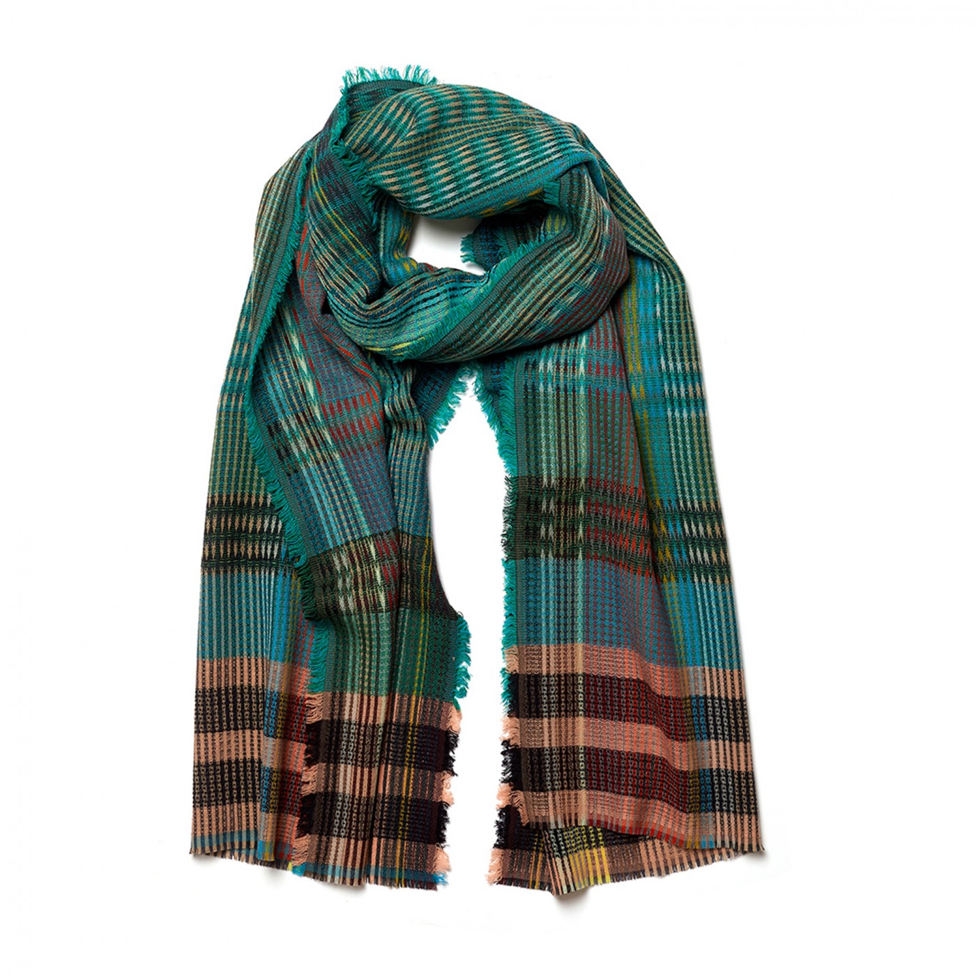 A lightweight woven scarf with a multicolor plaid pattern in shades of teal, green, brown, and black, featuring fringed edges, displayed on a solid white background.
