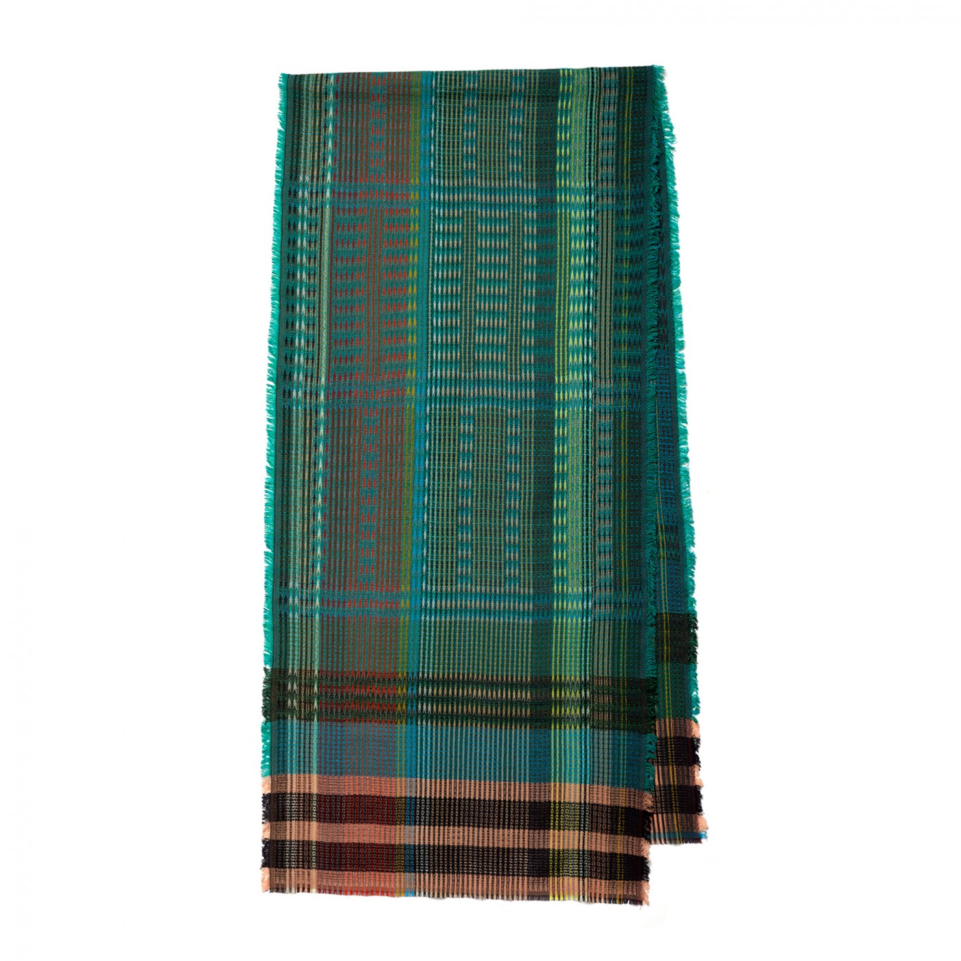 A folded plaid scarf with fringe edges, featuring a pattern of teal, green, black, and rust-brown stripes, shown against a plain white background.