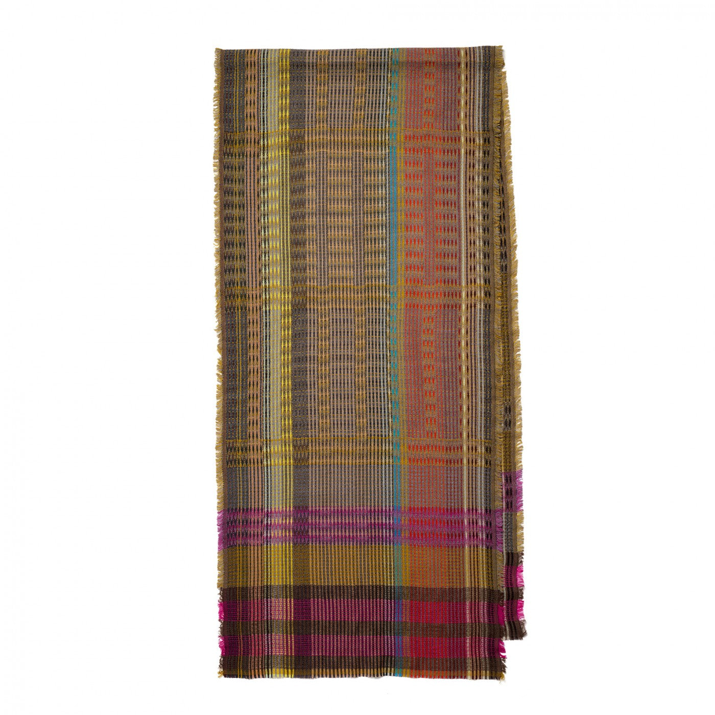 A multicolor woven scarf with a plaid pattern, featuring stripes of yellow, brown, orange, pink, and blue, shown flat against a white background.