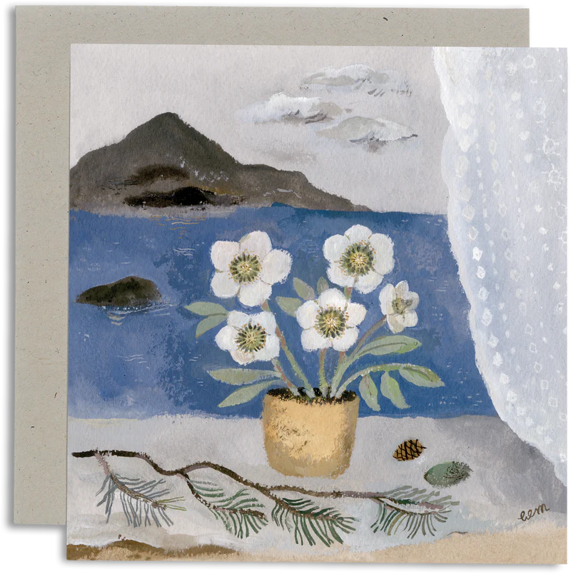 Greeting card with a painting of white flowers in a pot, water, and mountains.