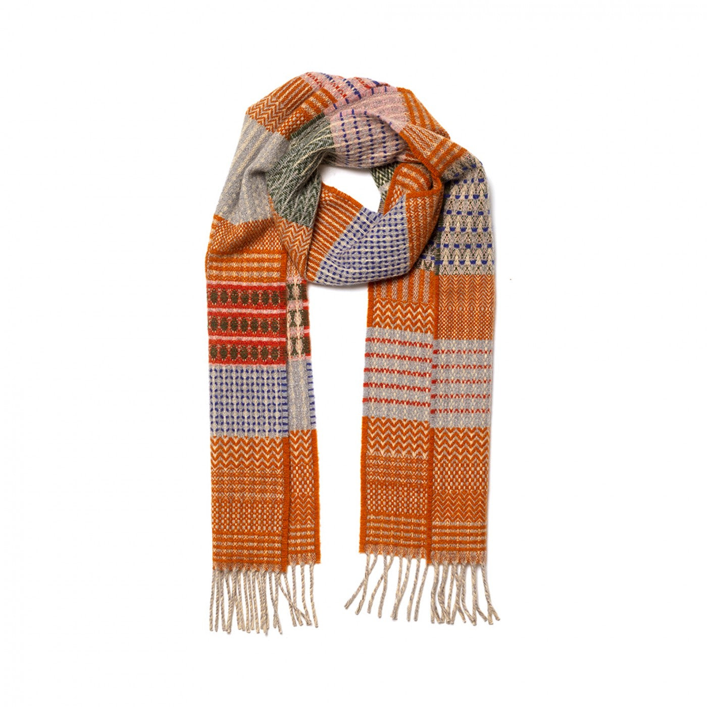 A multicolor patterned knit scarf with orange, beige, gray, and red geometric stripes and tassels, displayed on a clean white background.