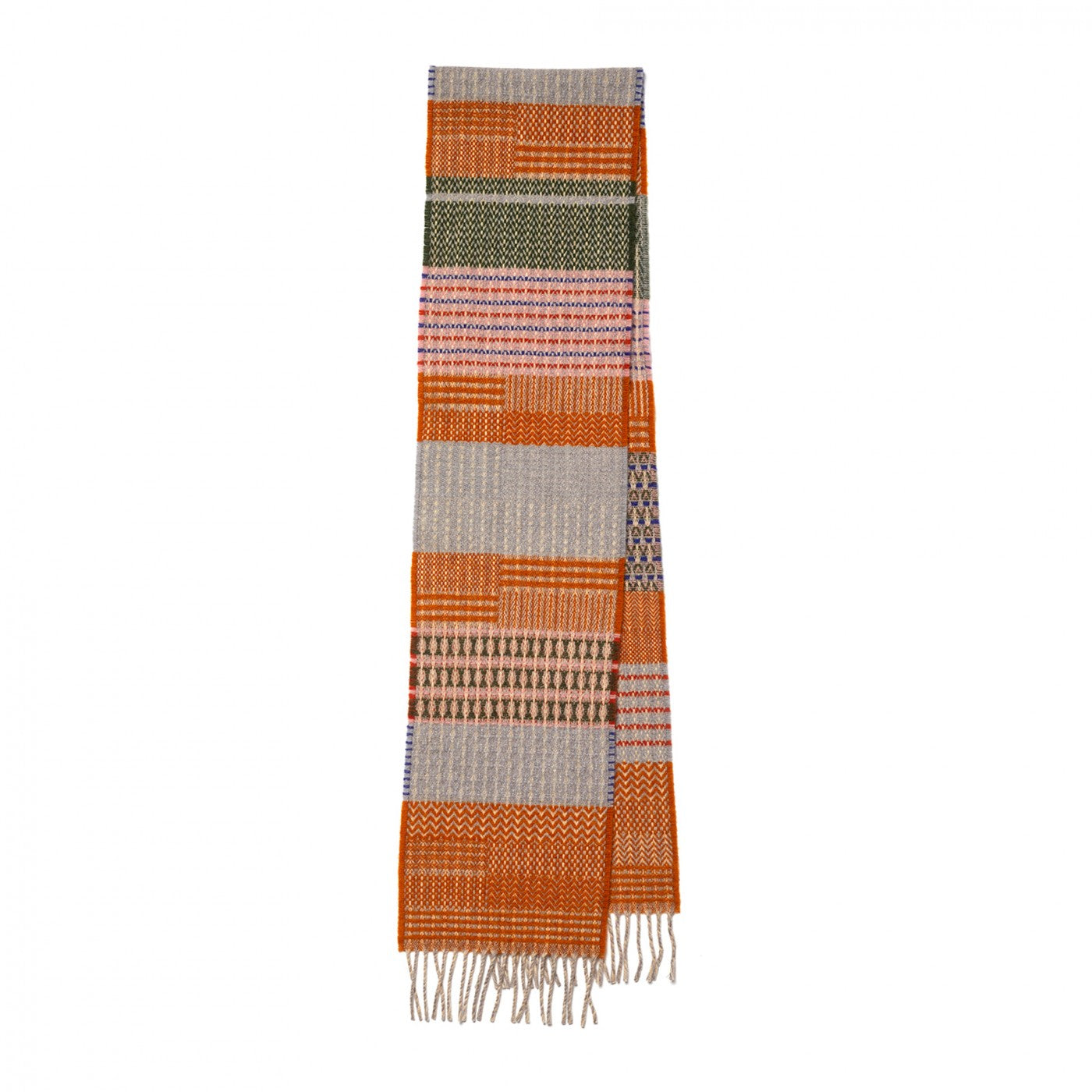 A long woven scarf with a geometric patchwork pattern in orange, beige, green, and brown, finished with fringe on one end, shown against a plain white background.
