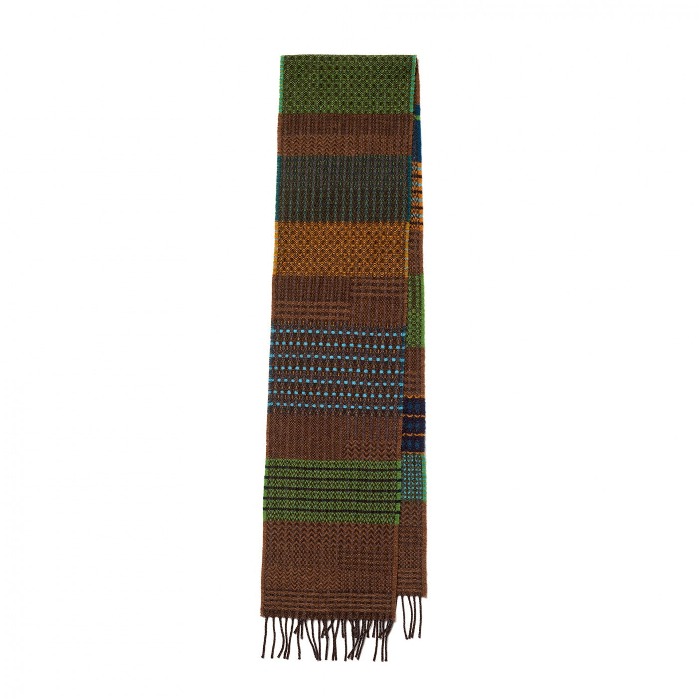 A long woven scarf with a multicolor striped pattern in shades of brown, green, blue, and orange, finished with fringe on one end, shown against a plain white background.