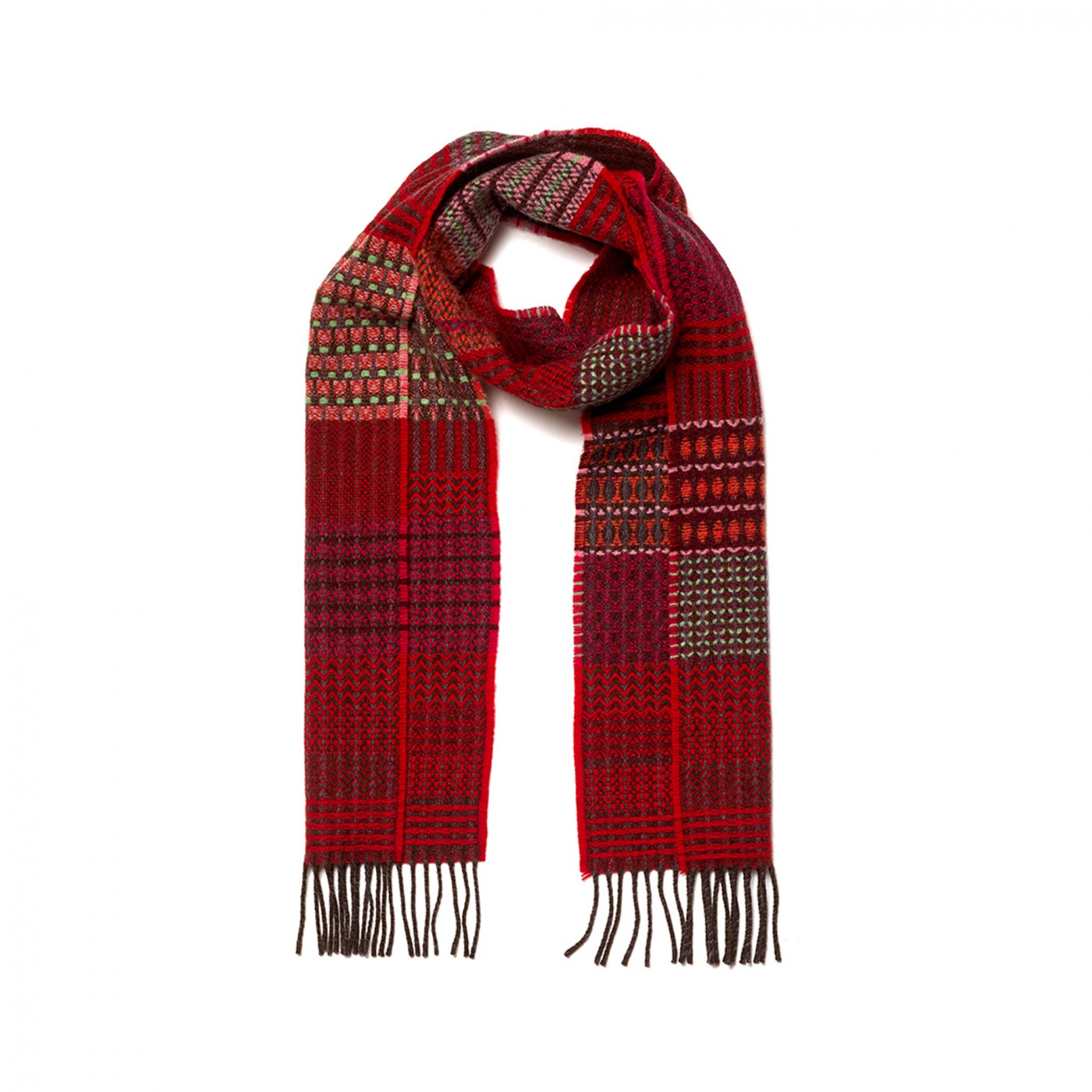 Red plaid scarf with fringe on a white background
