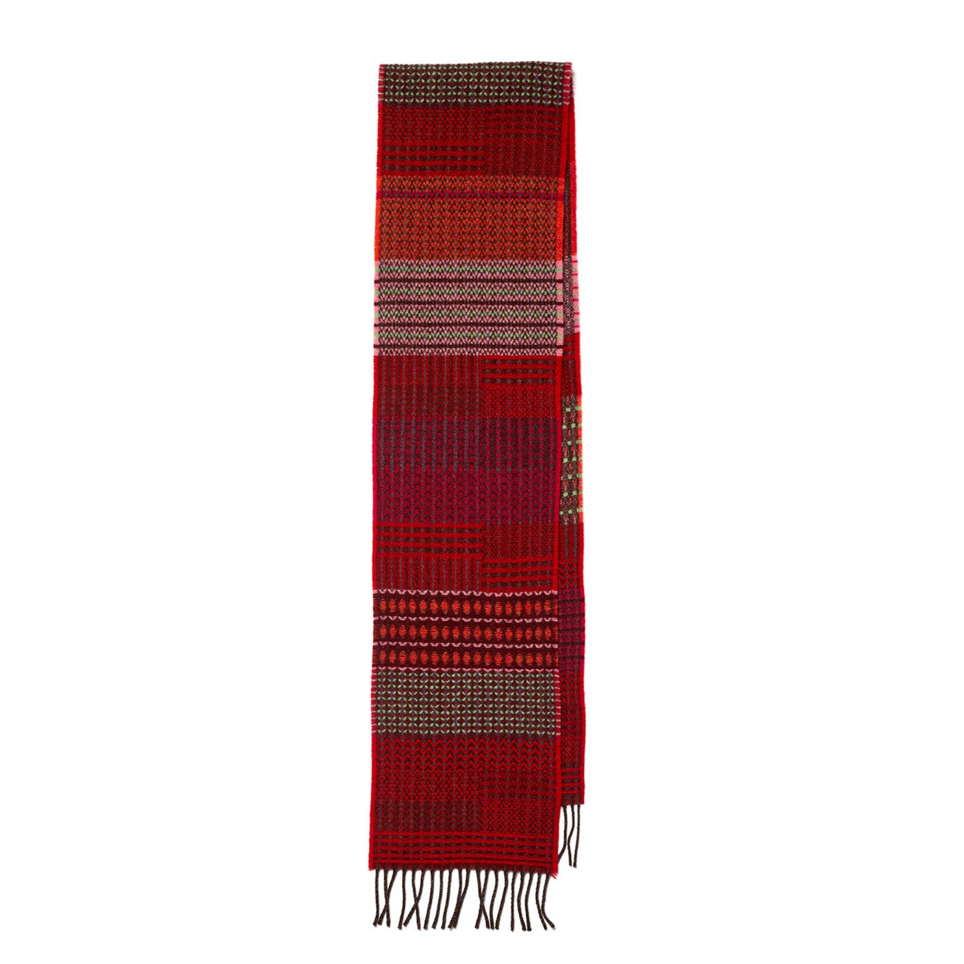 A long woven scarf with fringe, featuring a pattern of red, burgundy, and beige horizontal stripes with small geometric details.
