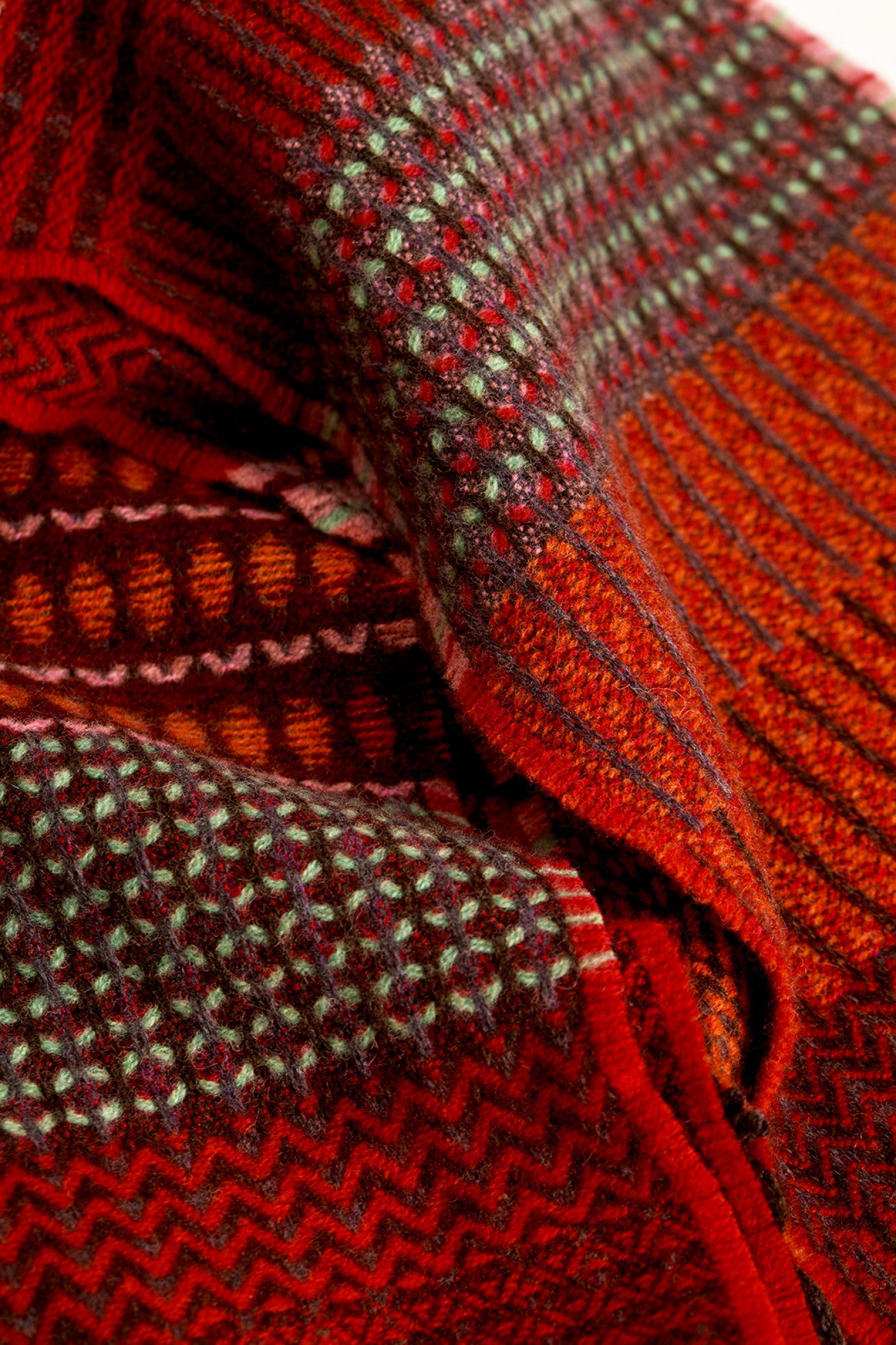 Close-up of a textured red fabric with intricate patterns