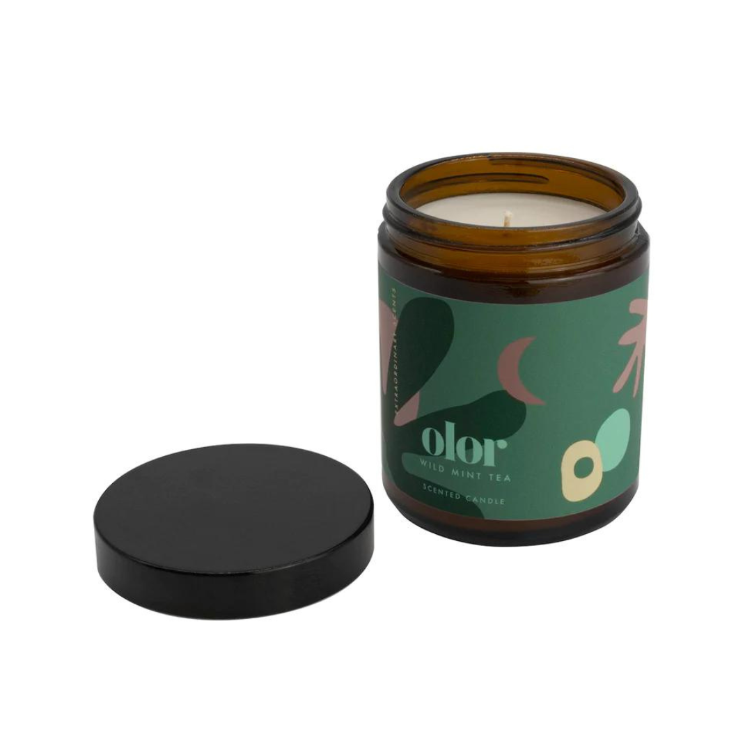 Amber glass jar candle with a green label featuring abstract shapes and the text "olor Wild Mint Tea Scented Candle".