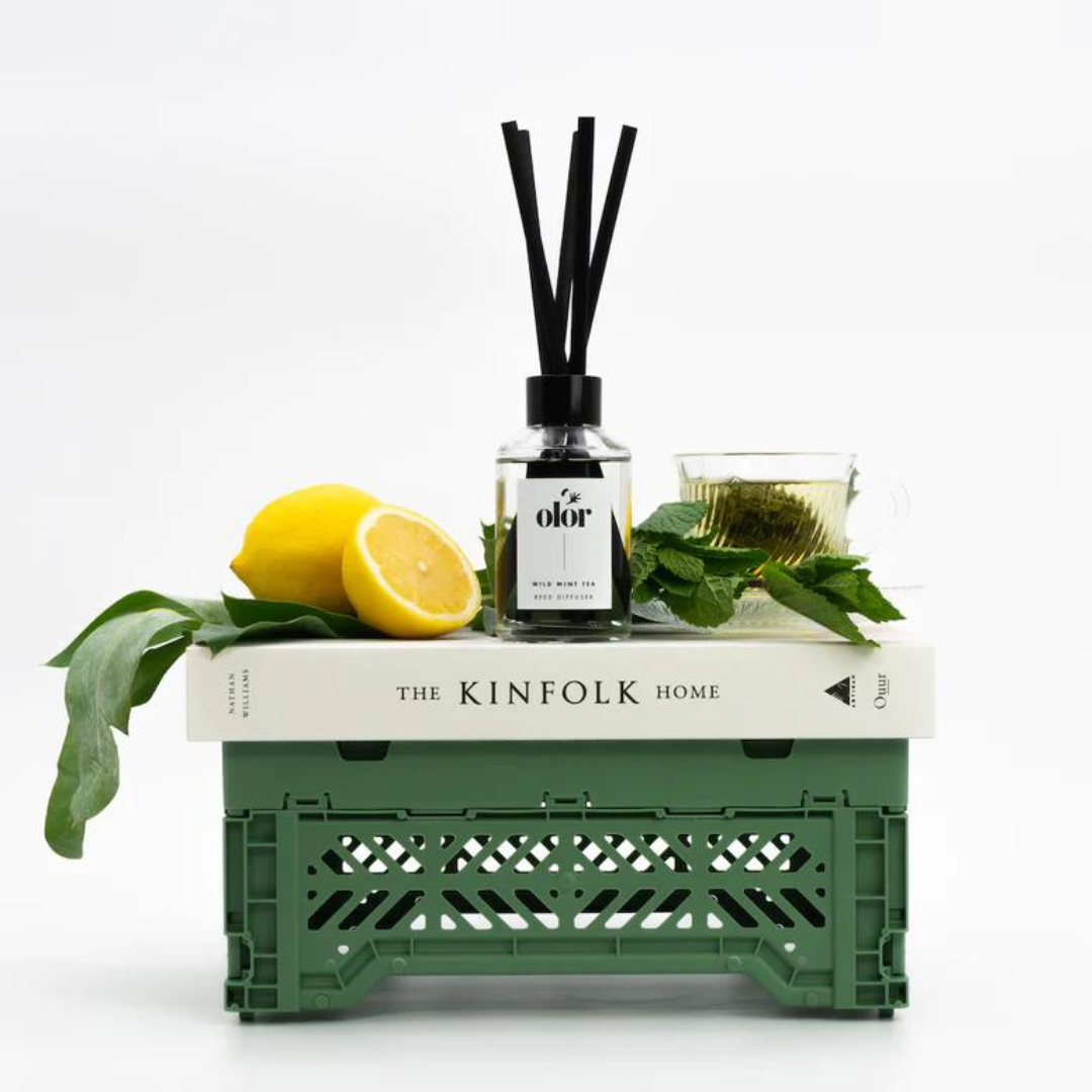 Olor Wild Mint Tea reed diffuser in a clear glass bottle with black reeds.