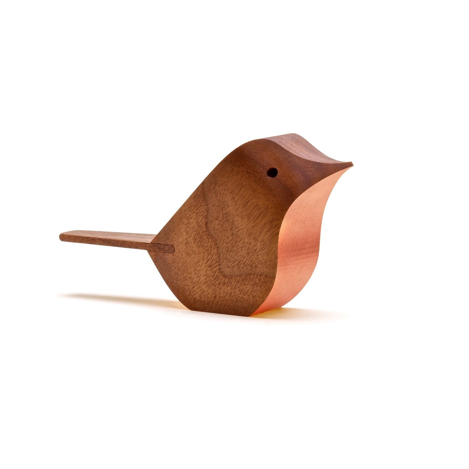 Wooden bird figurine, stylized design, dark brown wood with lighter reddish-brown underbelly.