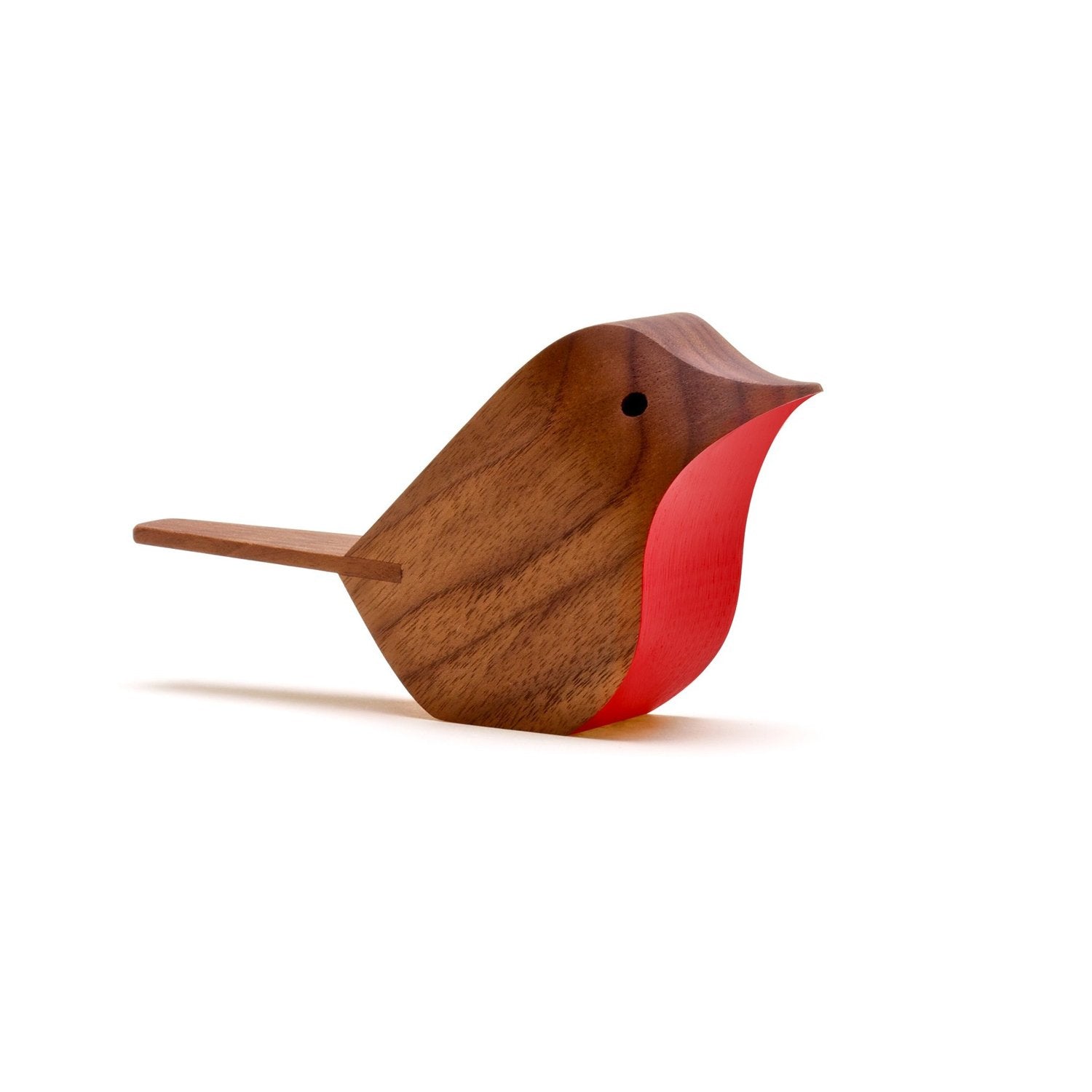 Wooden bird figurine, brown with red accents, simplified design.