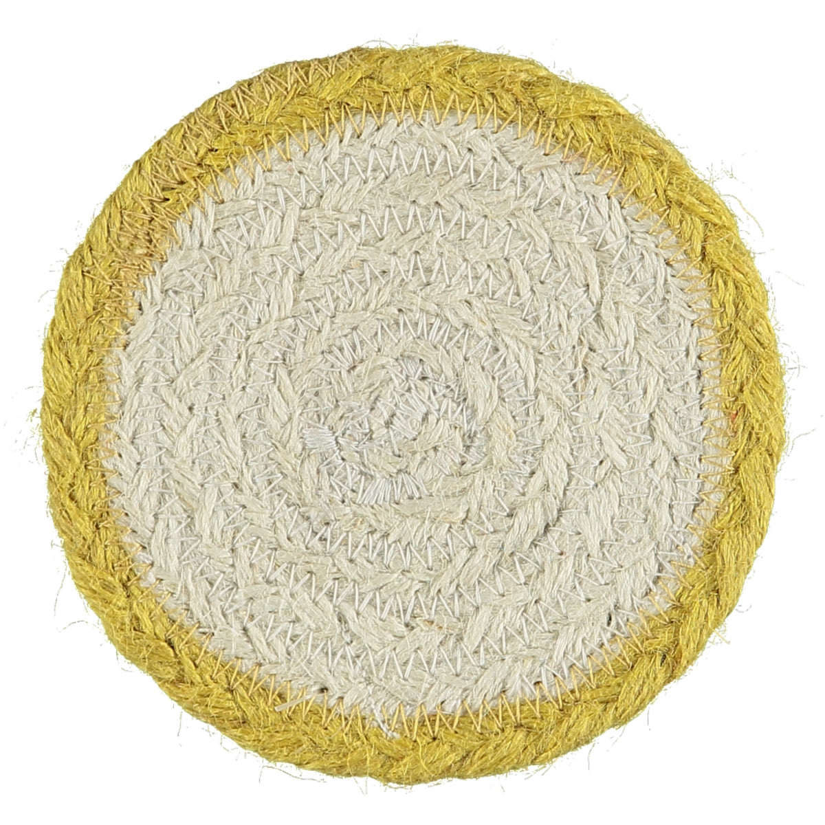 Round woven coaster with a cream center and mustard yellow border.