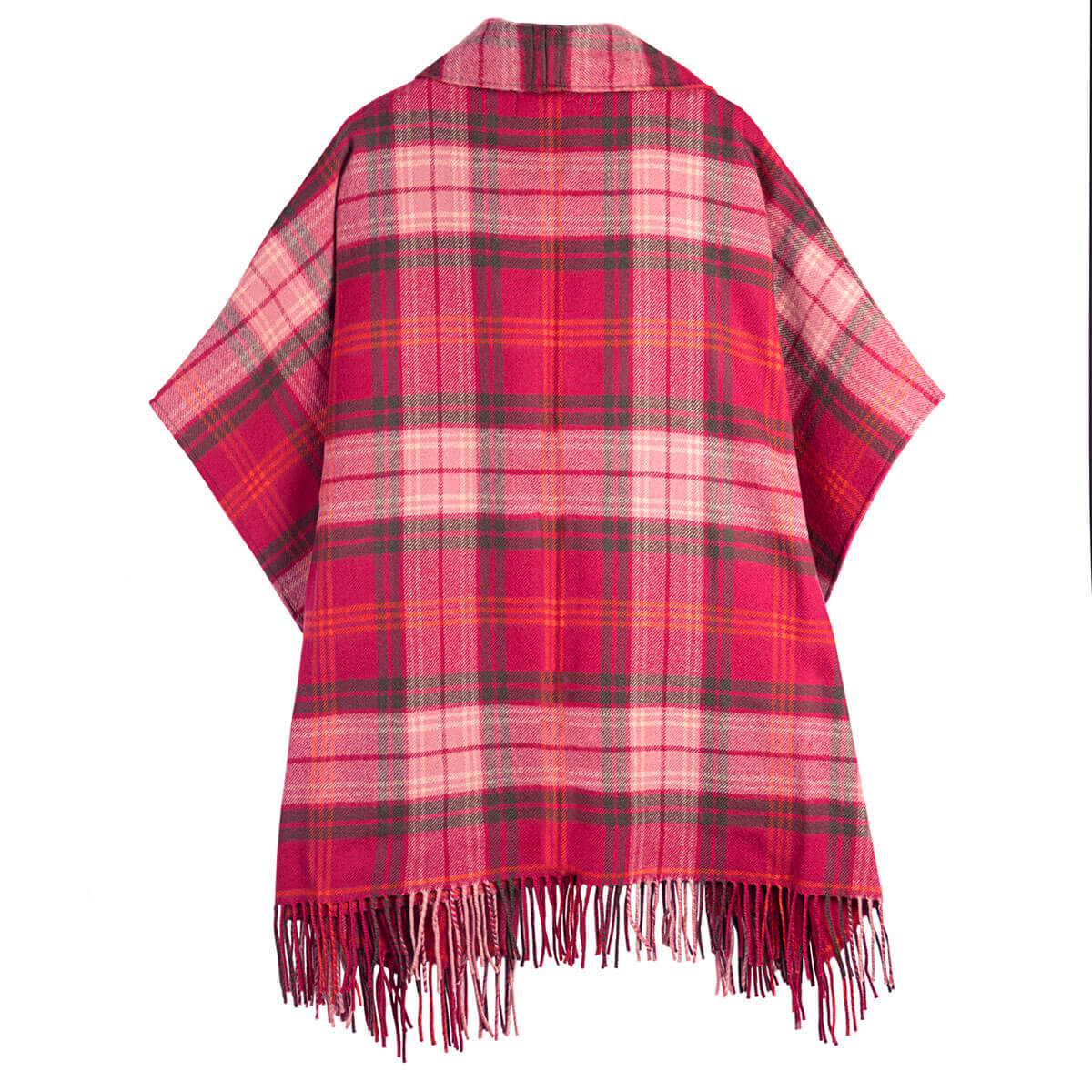 A pink and red plaid fringed poncho or cape shown flat against a white background.