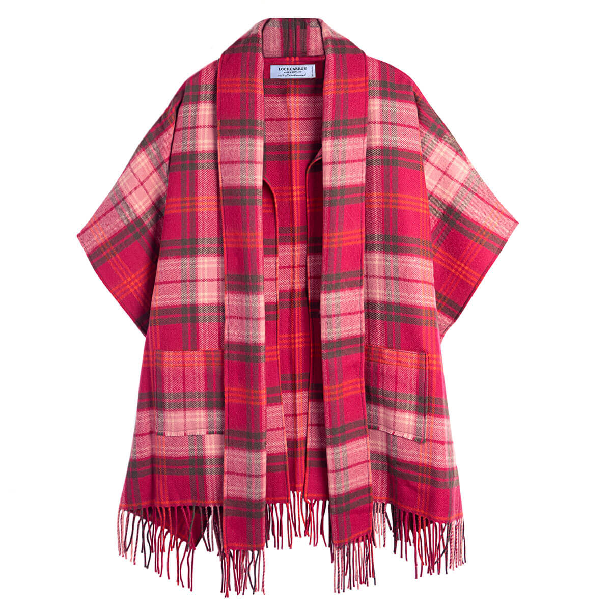 A red and pink plaid fringed wrap or poncho-style scarf with a wide collar, displayed flat against a solid white background.