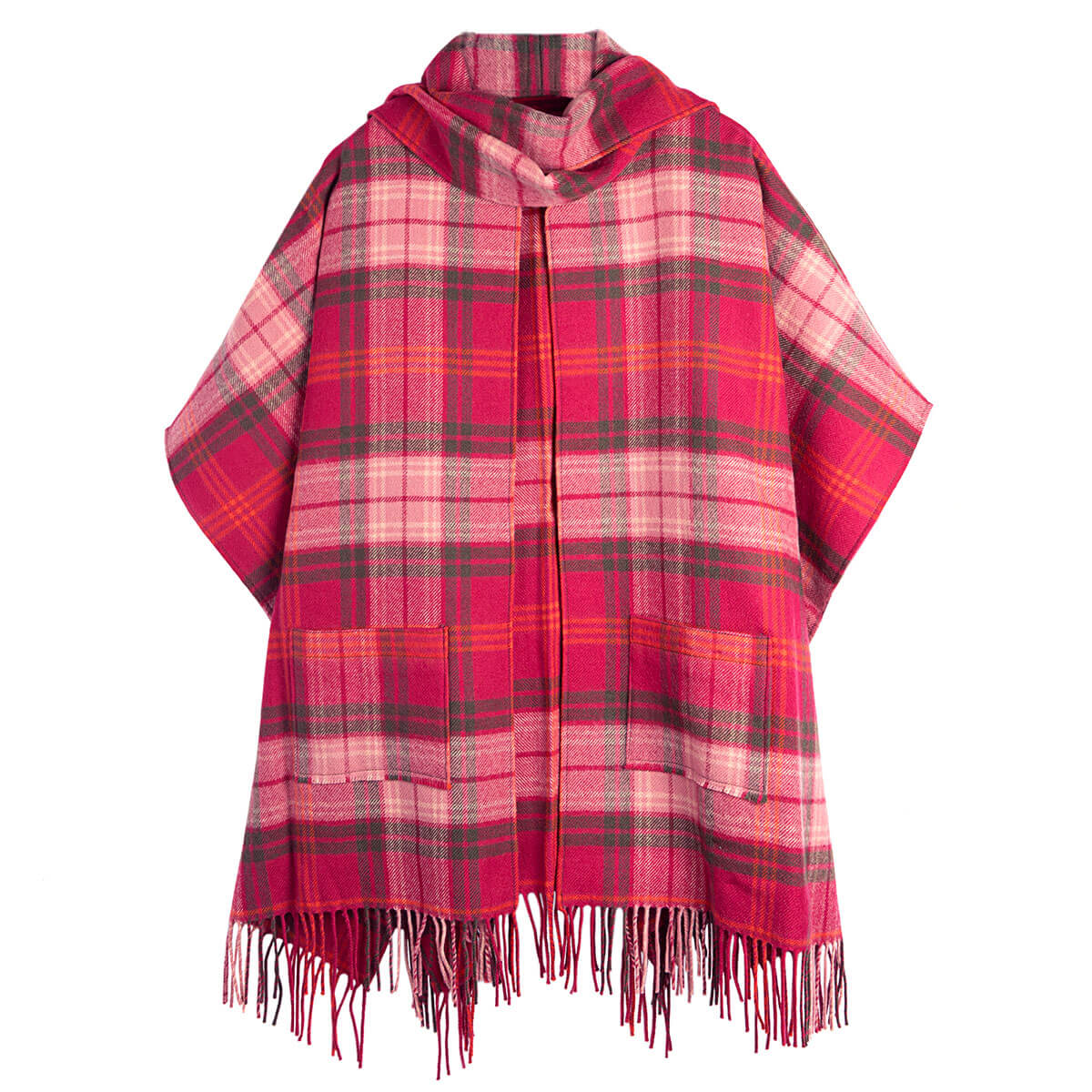 A pink and red plaid hooded poncho with fringe trim, displayed against a solid white background.