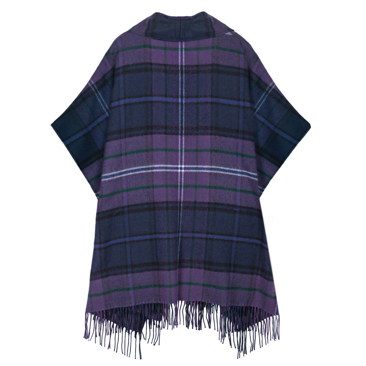 A purple and navy plaid fringed poncho with thin white and green accent stripes, displayed flat against a solid white background.