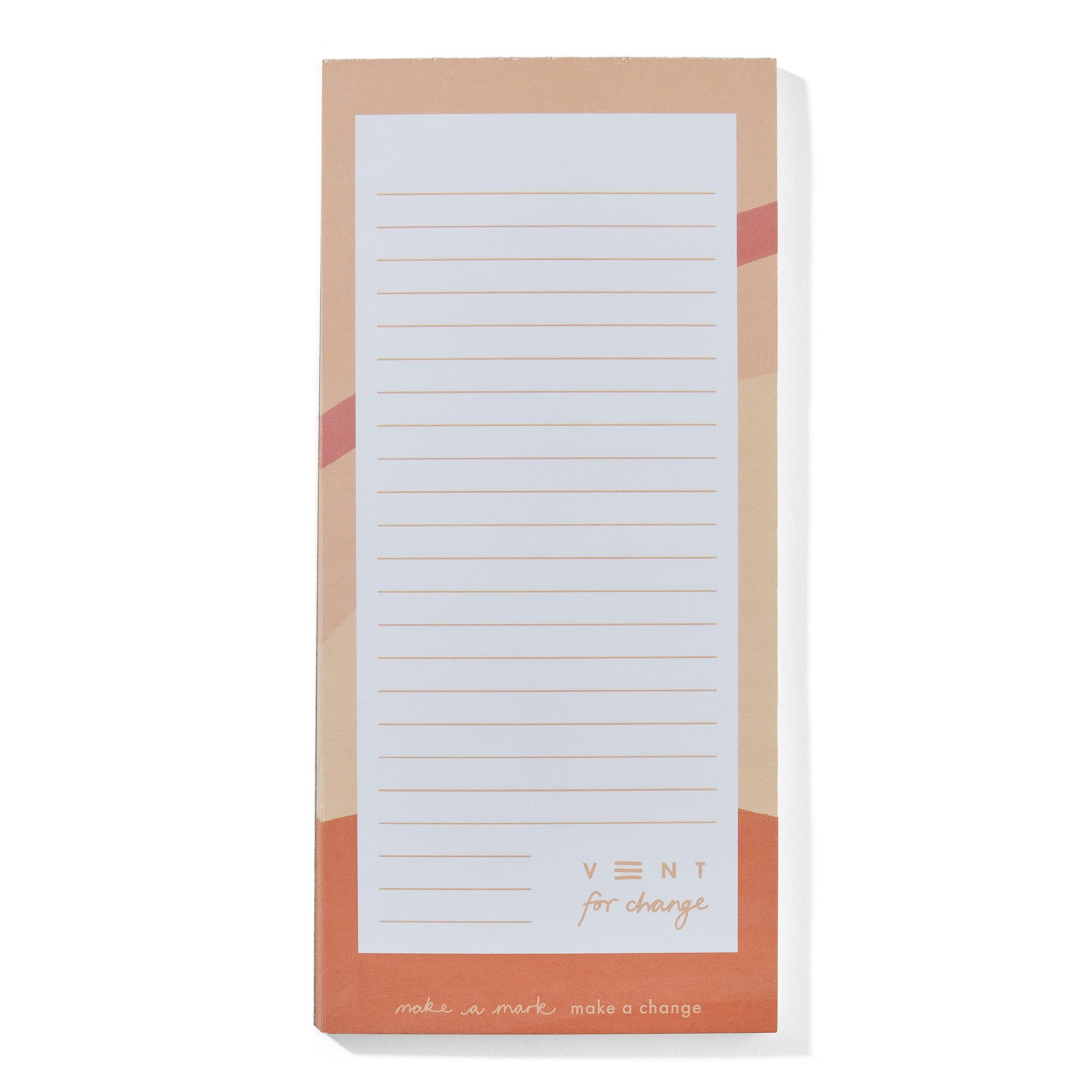 Long notepad with lined writing area, peach and terracotta colored geometric design, and the text "VENT for change" and
