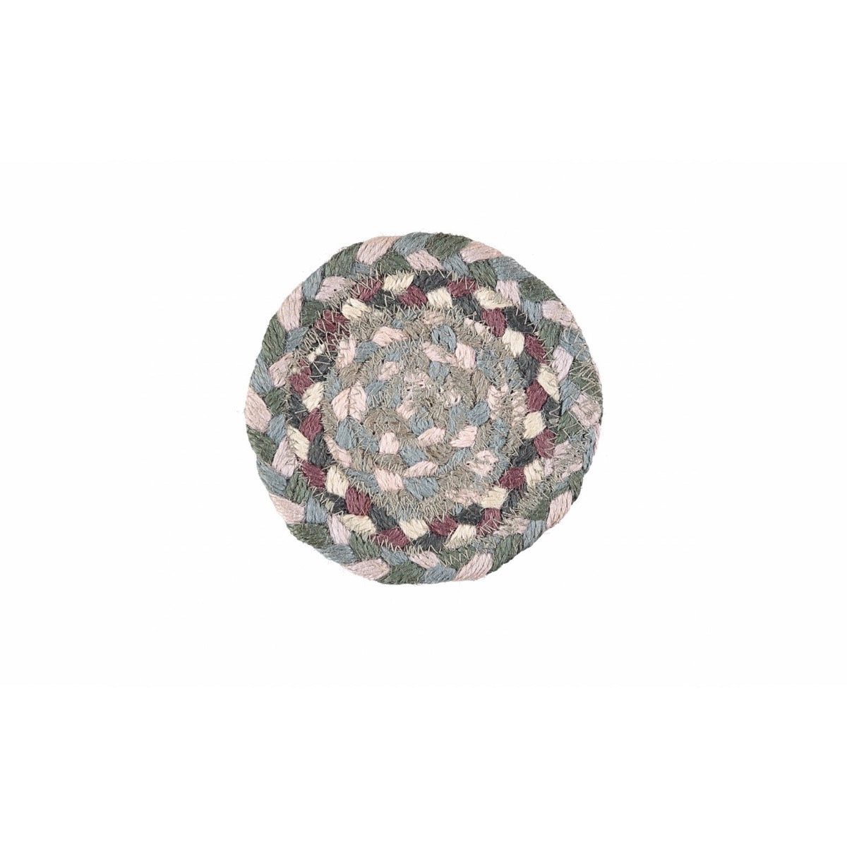 Round braided coaster in muted greens, pinks, and burgundy.