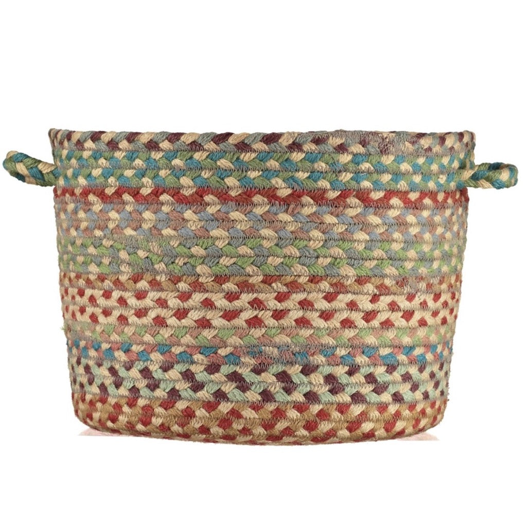 Multicolored braided jute storage basket with two handles.