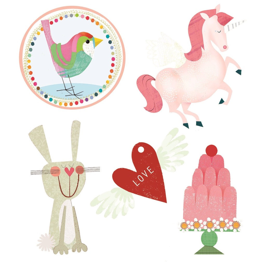 Illustration of a whimsical bird, winged unicorn, bunny, winged heart with "LOVE," and layered pink cake.